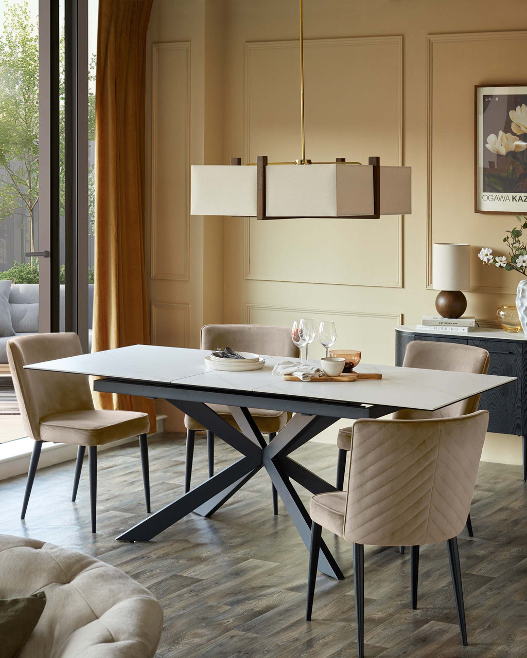 Hayden 6-8 White Ceramic Dining Table with 6 Serena Champagne Plush Velvet Dining Chairs