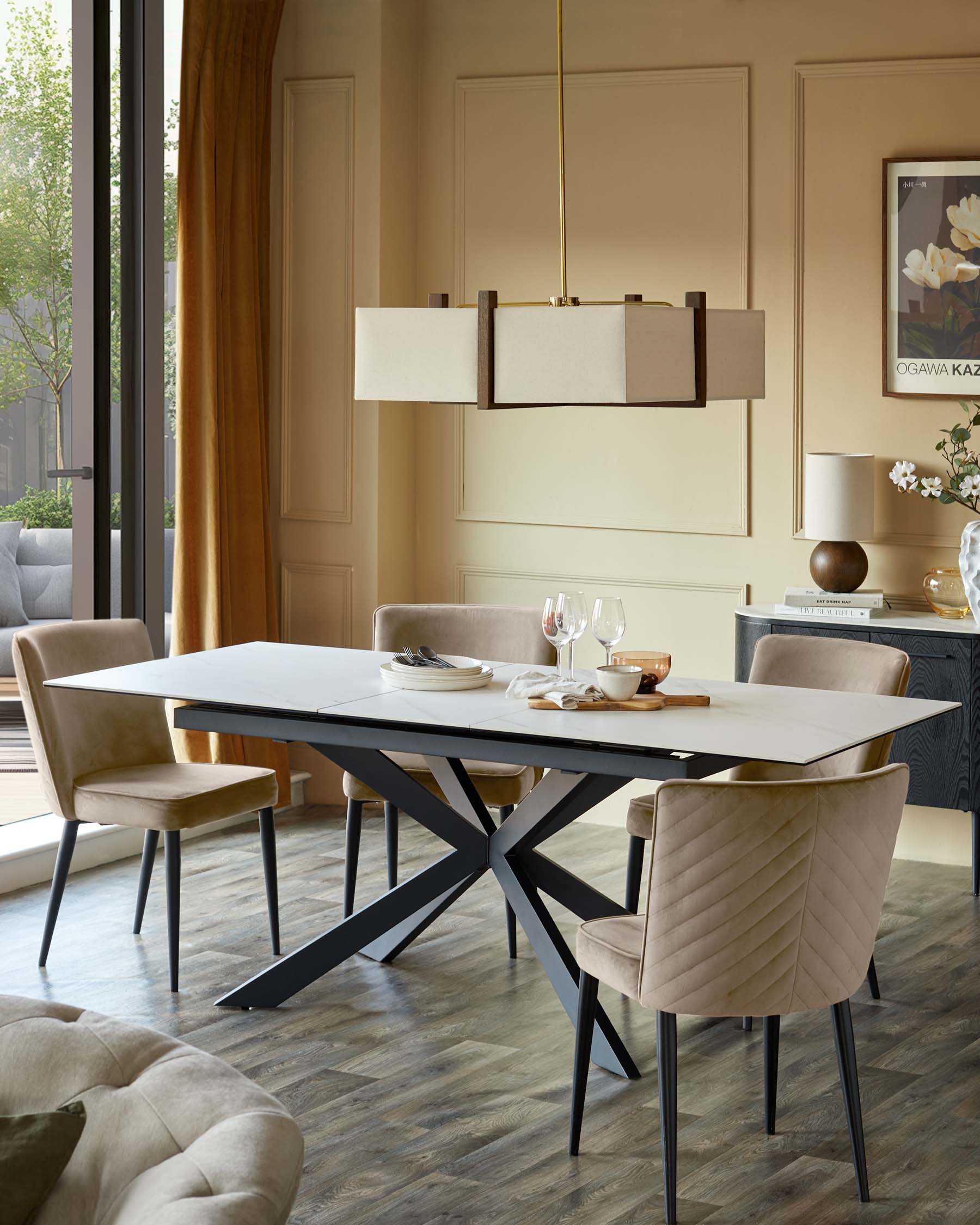 Hayden 6-8 White Ceramic Dining Table with 6 Serena Champagne Plush Velvet Dining Chairs