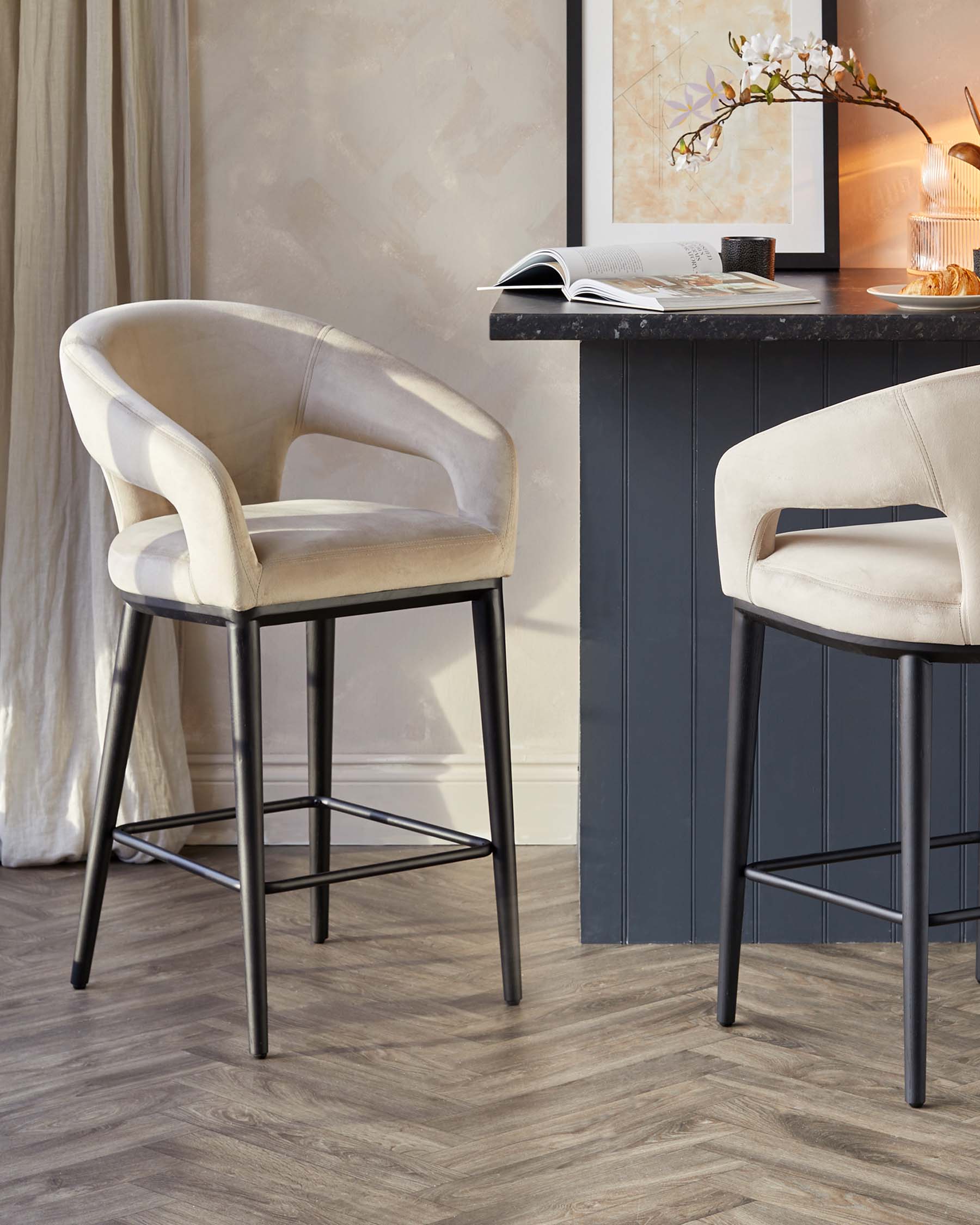 Heath Champagne Plush Velvet Black Wood Bar Stool