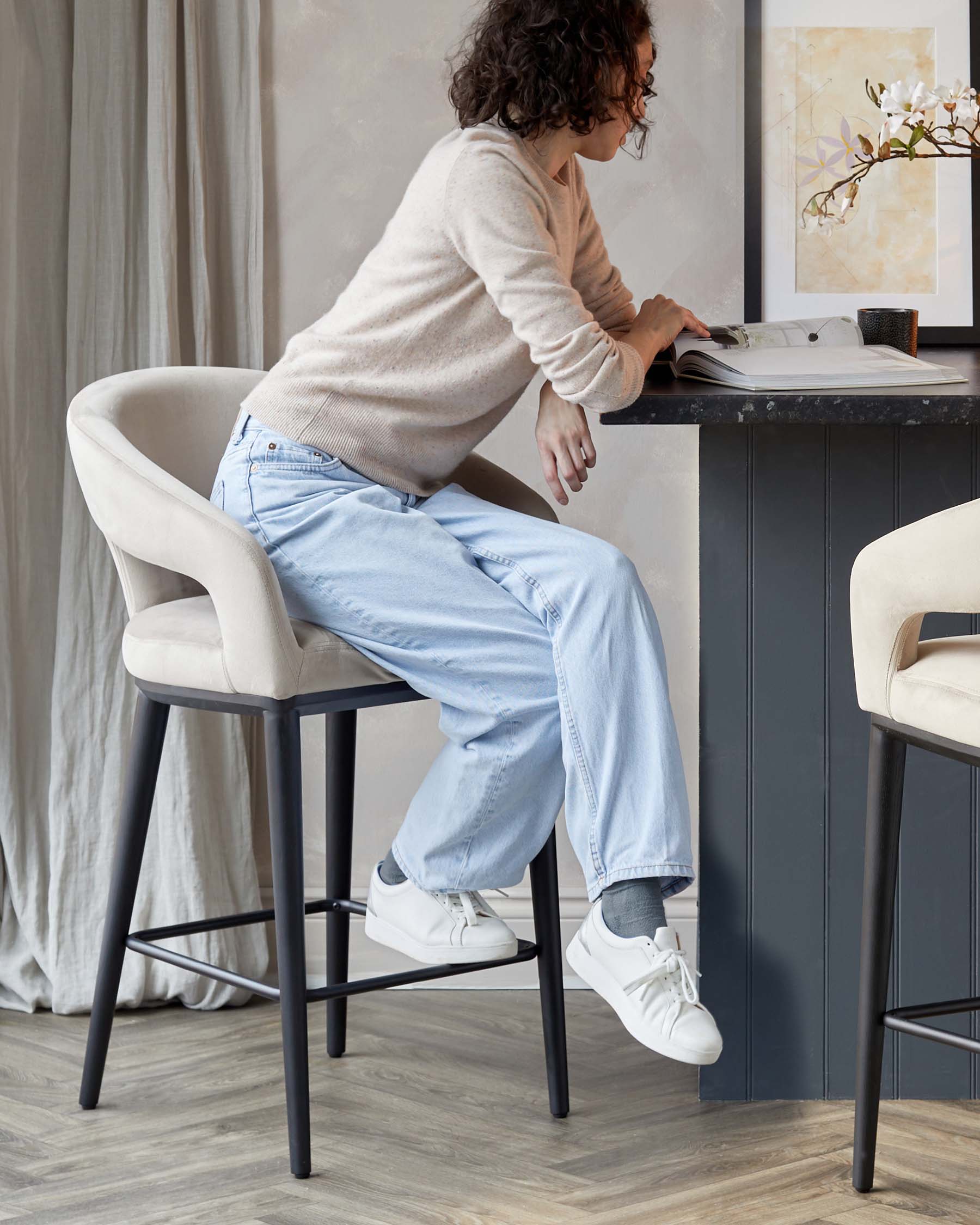 Heath Champagne Plush Velvet Black Wood Bar Stool