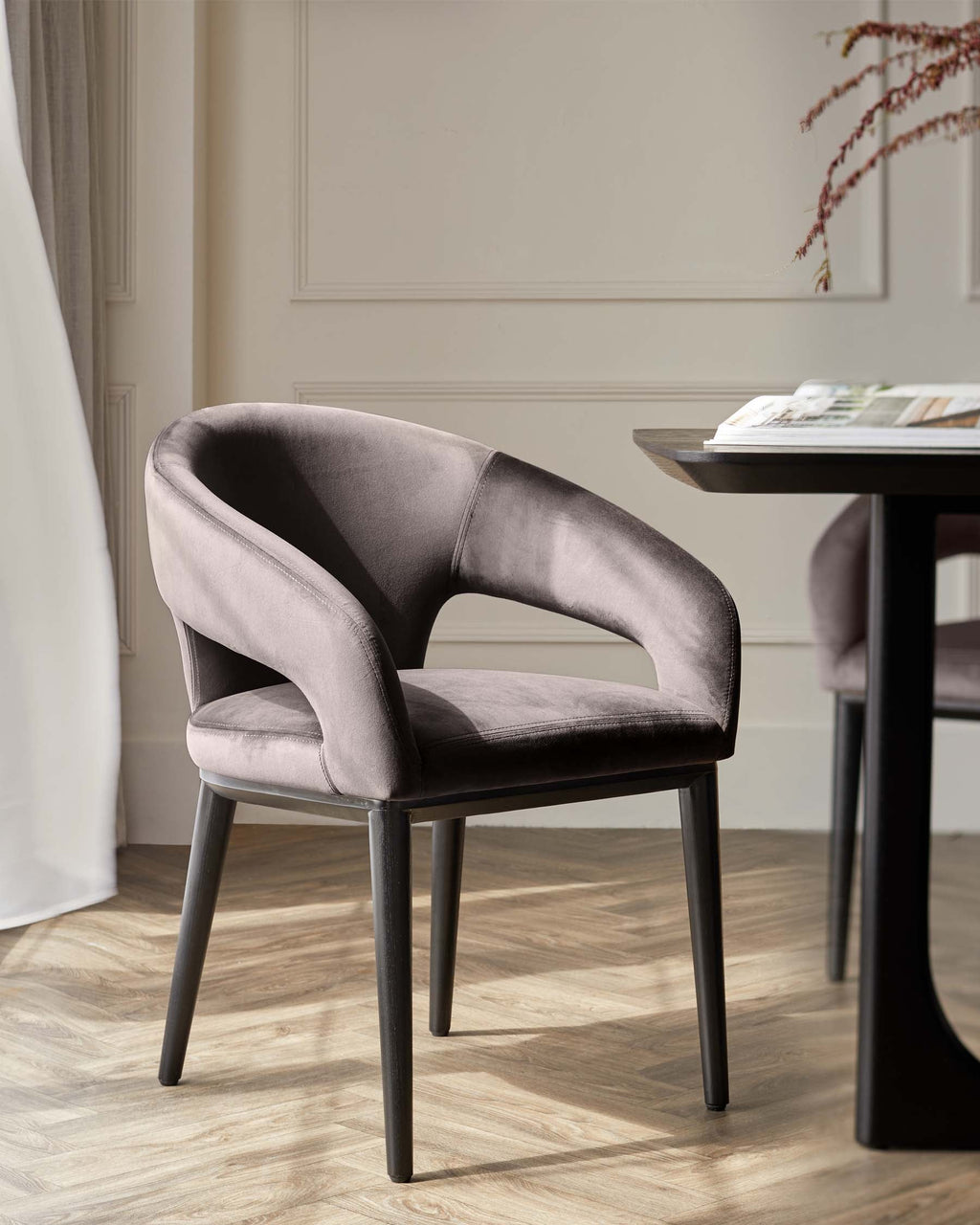 Heath Mocha Plush Velvet and Black Wood Dining Chair