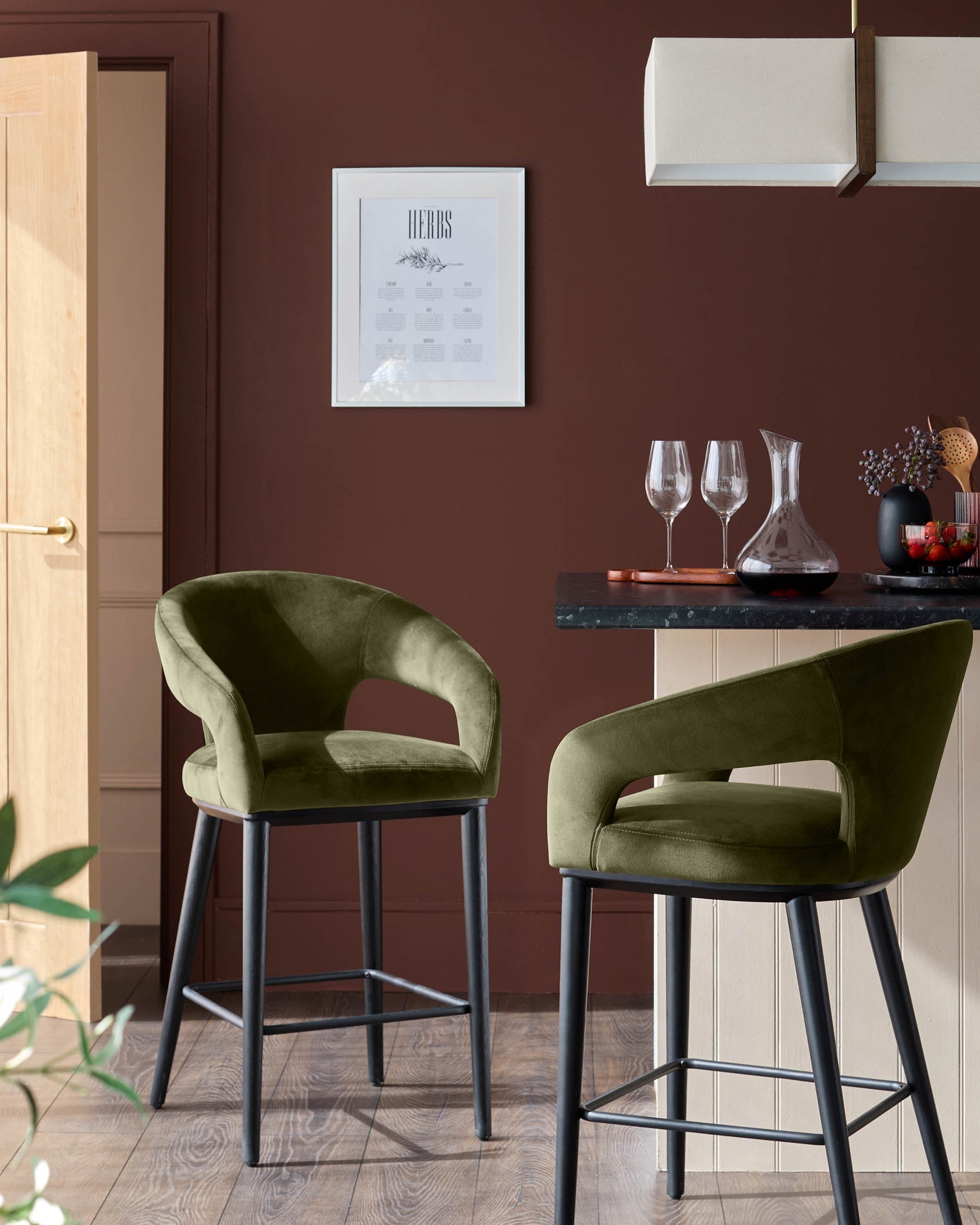 Heath olive green velvet bar stool