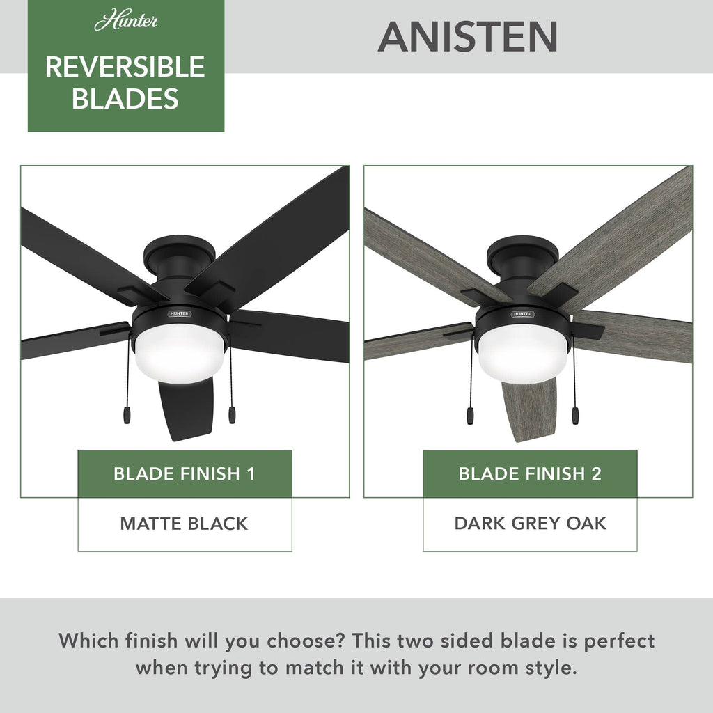 Hunter 52 Anisten Low Profile Ceiling Fan with LED Light and Pull Chain - Modern, Contemporary, Transitional