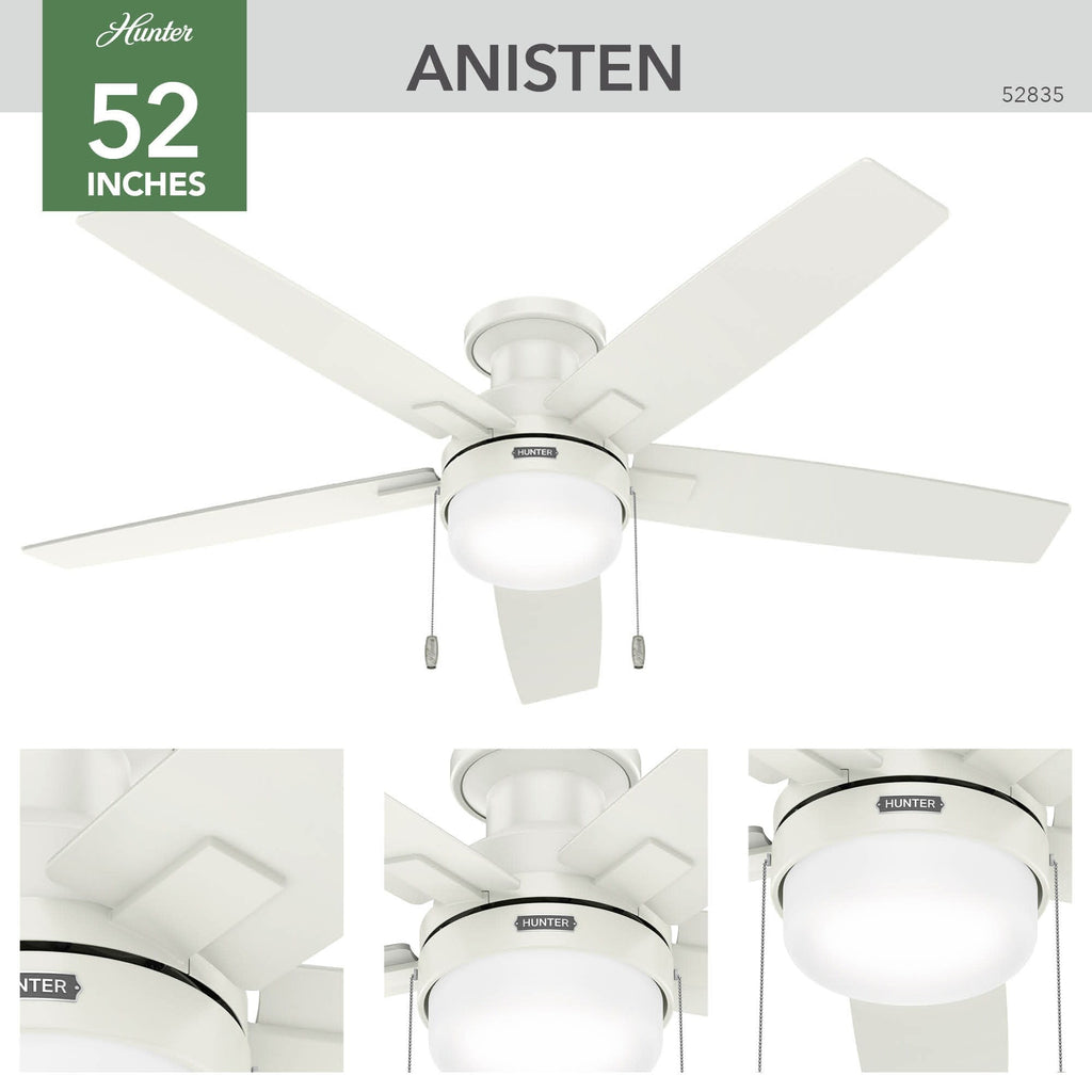 Hunter 52 Anisten Low Profile Ceiling Fan with LED Light and Pull Chain - Modern, Contemporary, Transitional