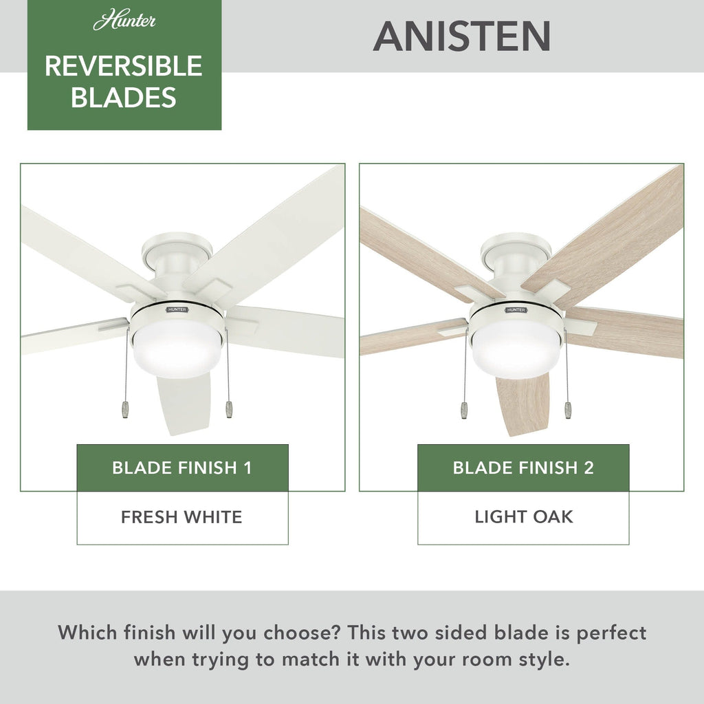 Hunter 52 Anisten Low Profile Ceiling Fan with LED Light and Pull Chain - Modern, Contemporary, Transitional