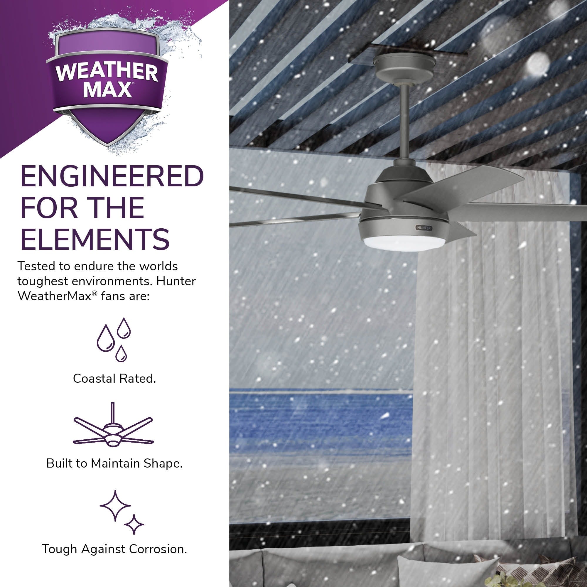 Hunter 52 Skyflow Outdoor Ceiling Fan w/ LED Light Kit, Wall Control - Coastal Modern Contemporary - WeatherMax - WET-RATED!