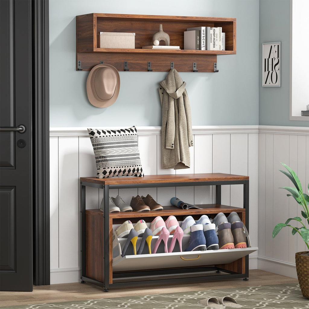 Entryway Coat Rack Shoe Bench Set, Industrial Hall Tree Coat Shoe Rack