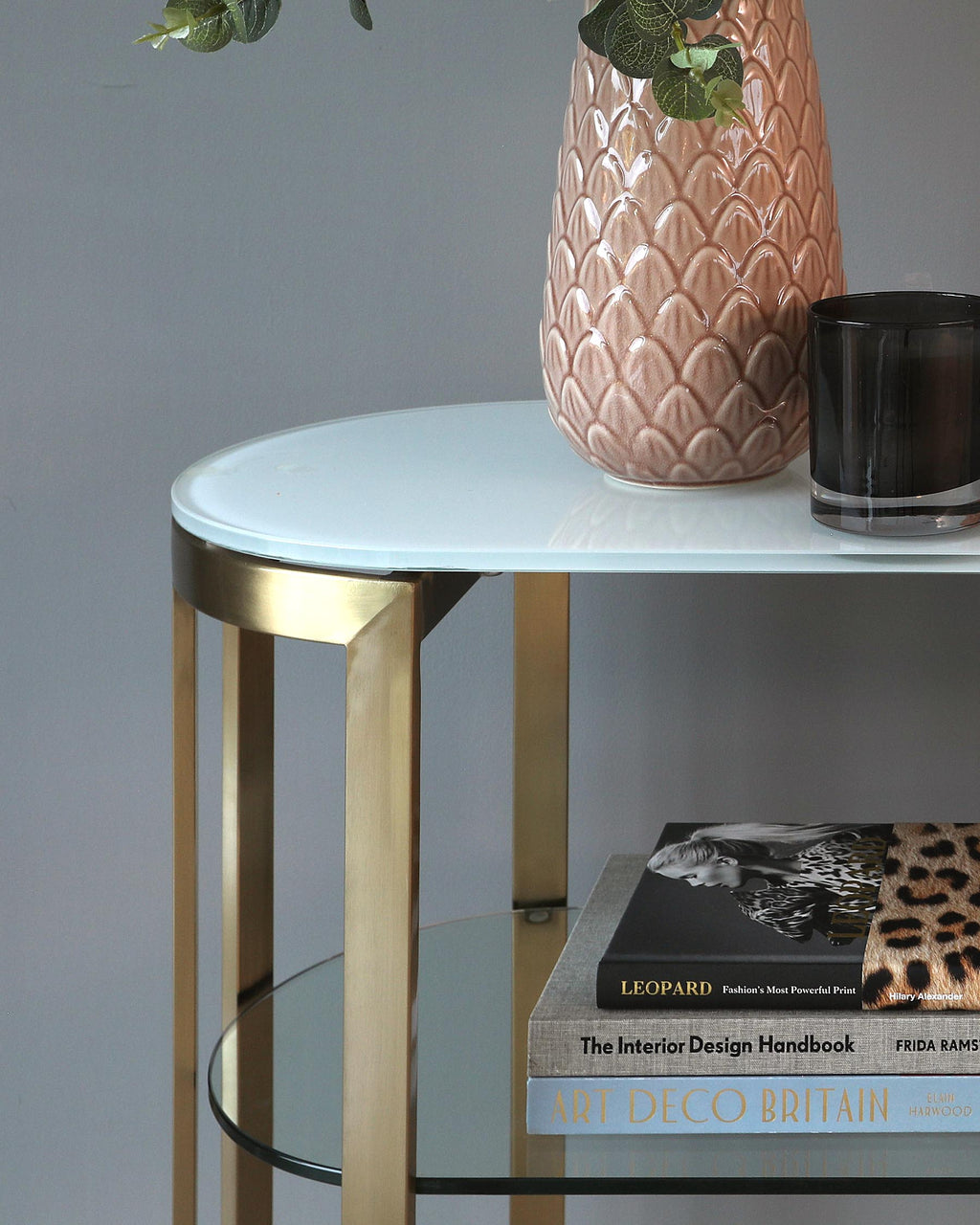Isla White Glass And Brass Console Table