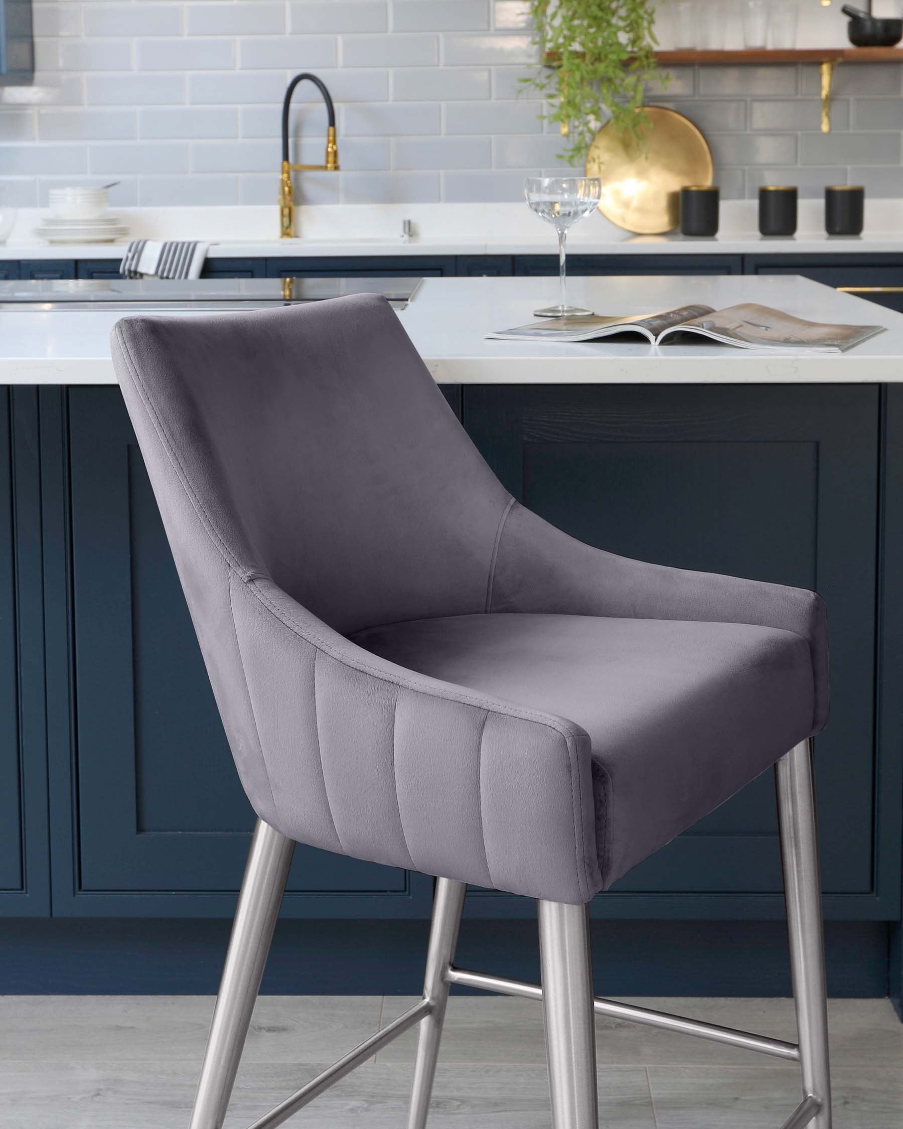 Juliana Dark Grey Velvet With Stainless Steel Bar Stool