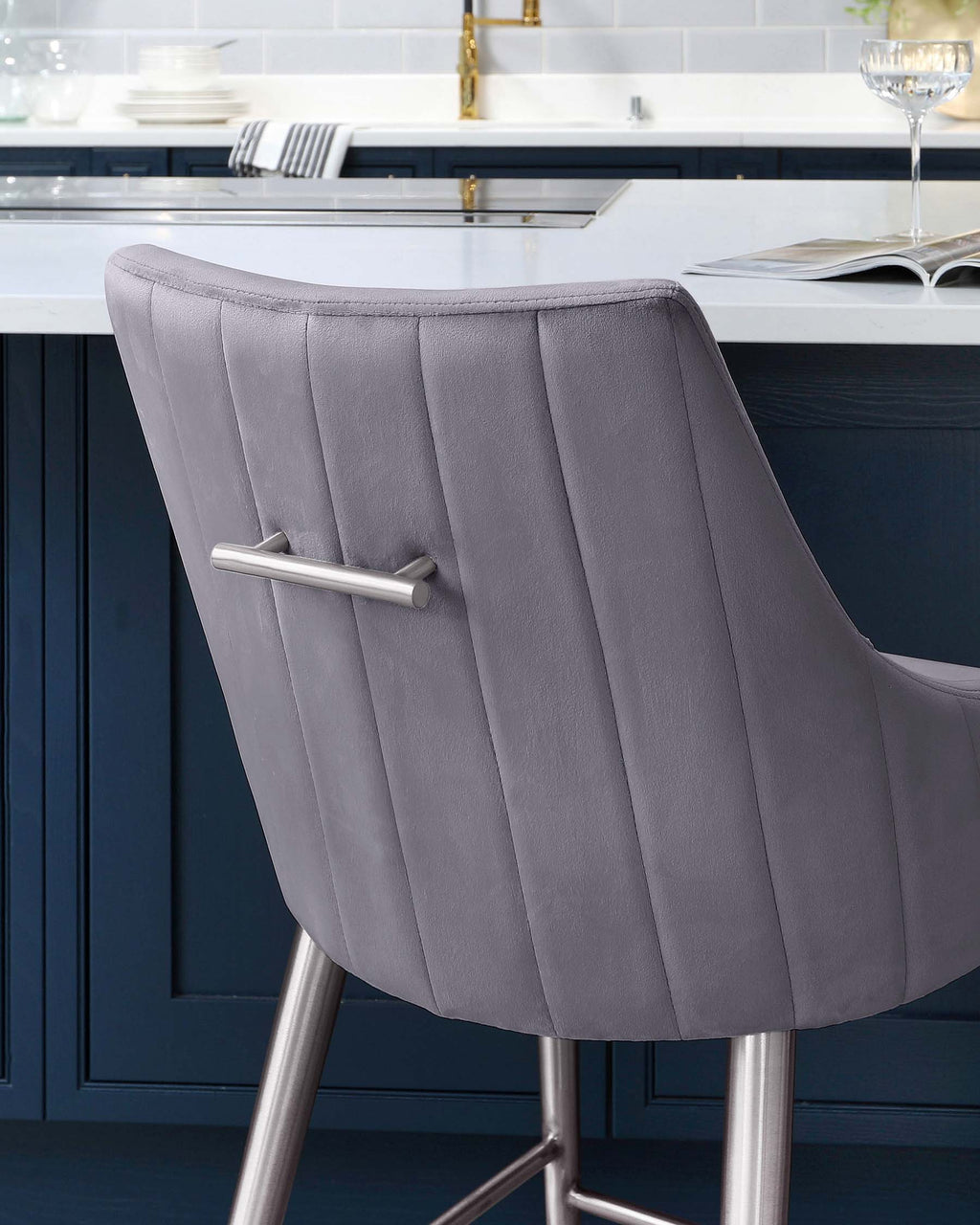 Juliana Dark Grey Velvet With Stainless Steel Bar Stool