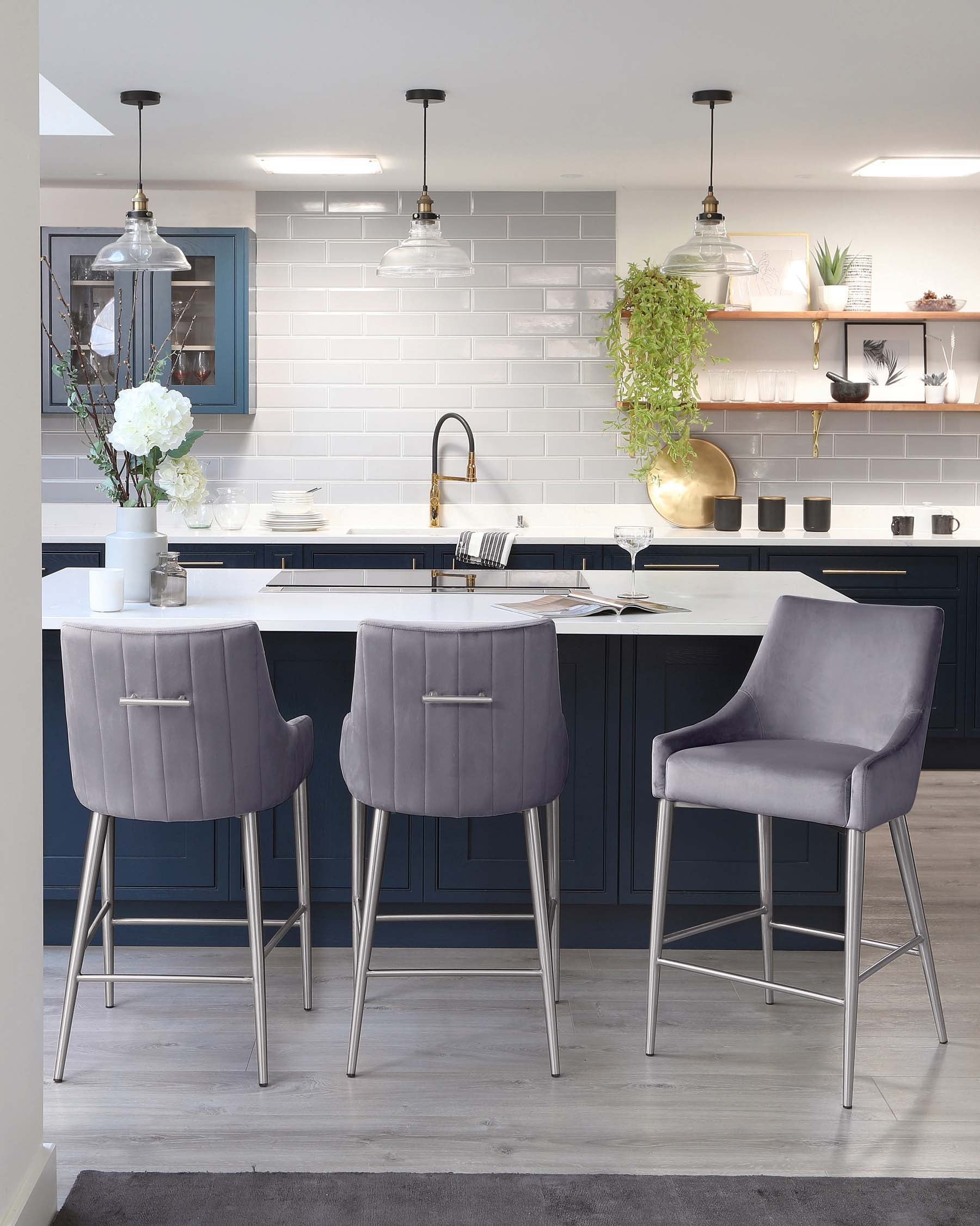 Juliana Dark Grey Velvet With Stainless Steel Bar Stool