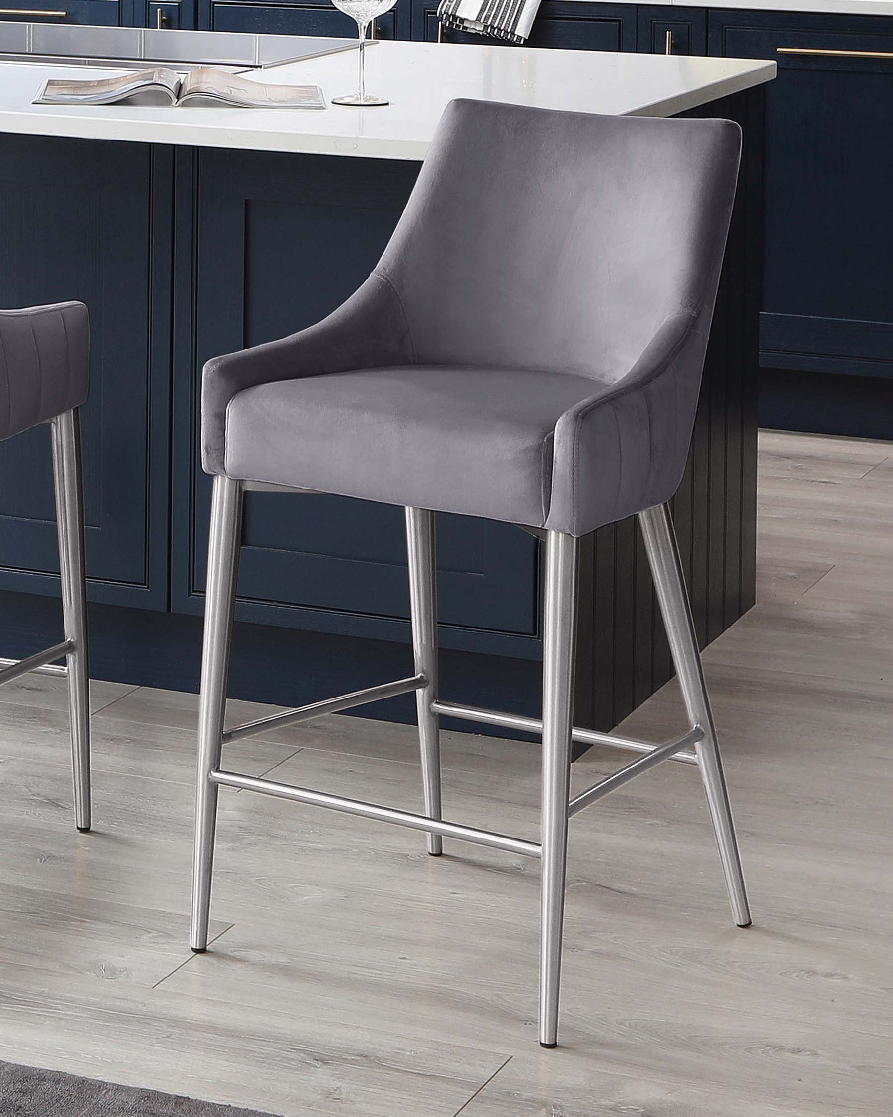 Juliana Dark Grey Velvet With Stainless Steel Bar Stool