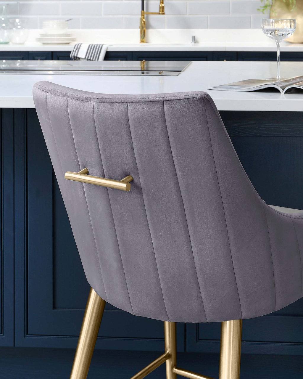 Juliana Dark Grey Velvet With Brushed Brass Bar Stool