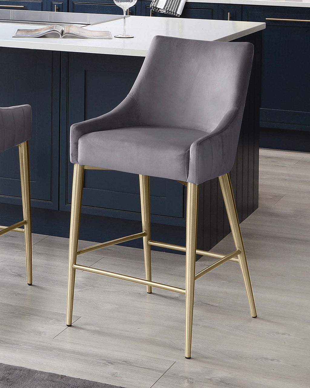 Juliana Dark Grey Velvet With Brushed Brass Bar Stool