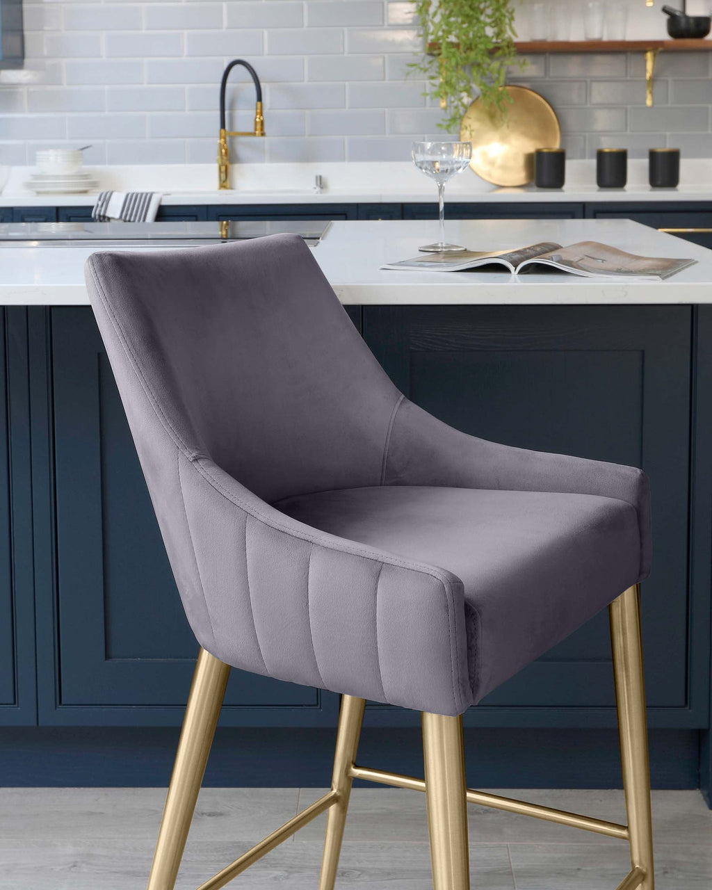 Juliana Dark Grey Velvet With Brushed Brass Bar Stool
