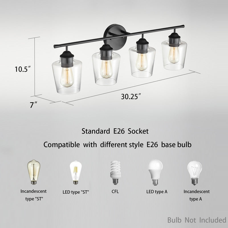 KAWOTI 4-Light Dimmable Metal Bathroom Vanity Light with Glass Shade
