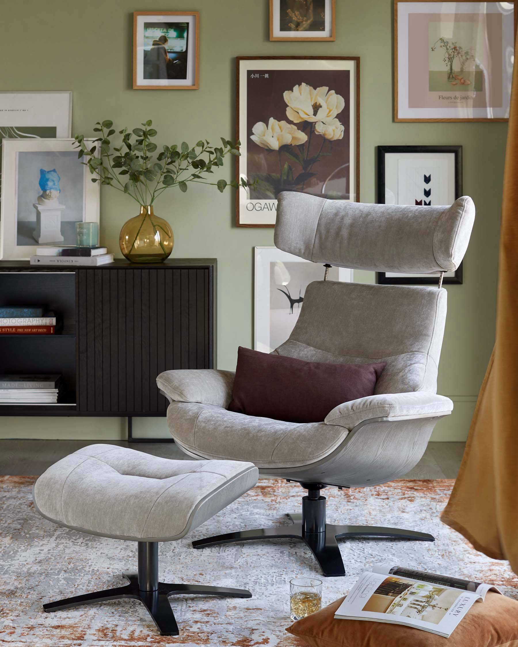 Karma light grey fabric swivel recliner accent chair and footstool