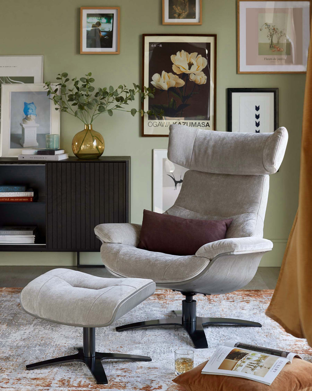 Karma light grey fabric swivel recliner accent chair and footstool