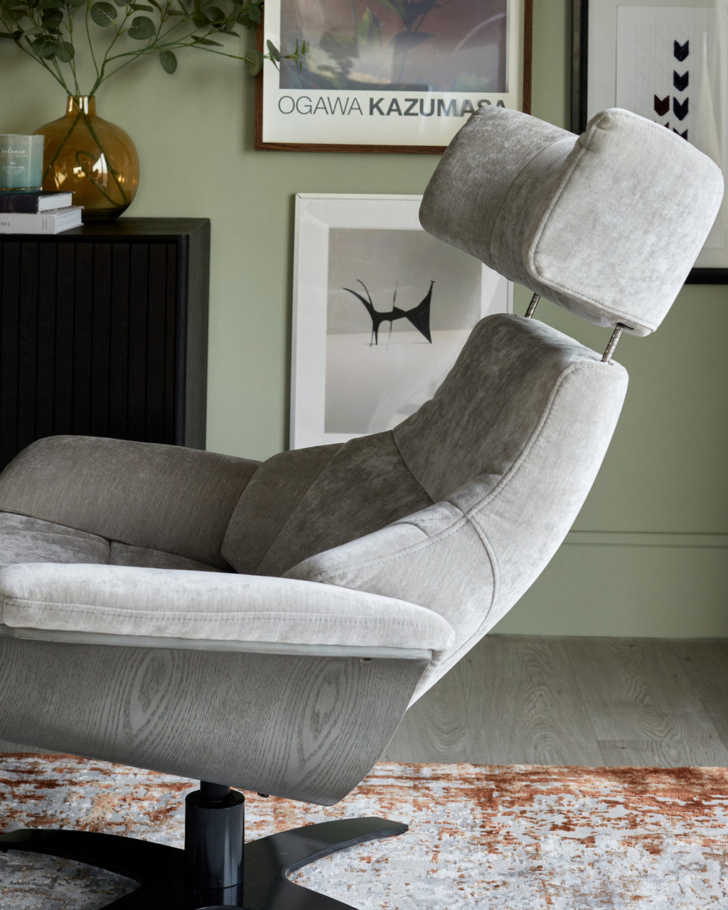 Karma light grey fabric swivel recliner accent chair and footstool