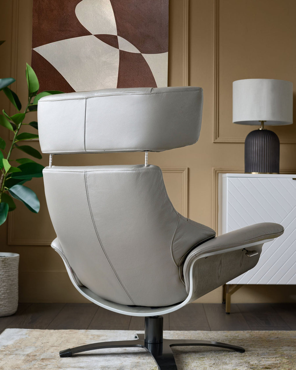 Karma natural grey leather swivel recliner accent chair and footstool