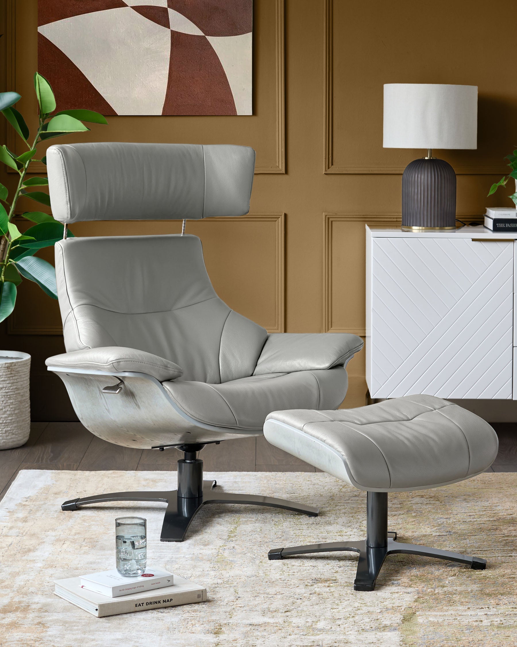 Karma natural grey leather swivel recliner accent chair and footstool