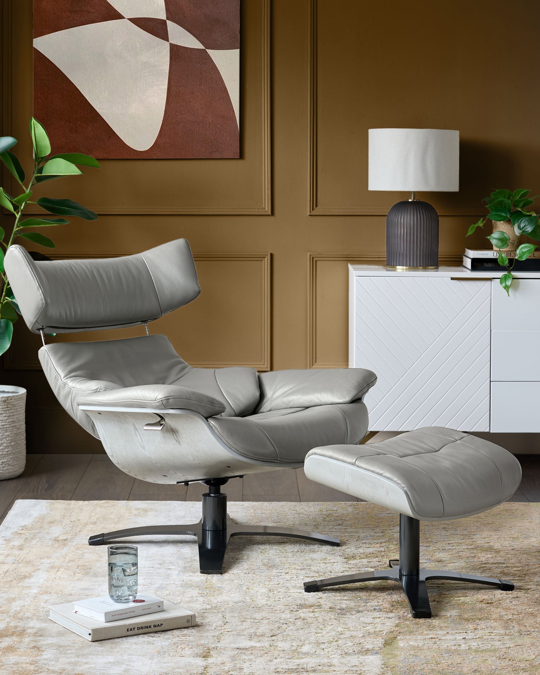 Karma natural grey leather swivel recliner accent chair and footstool