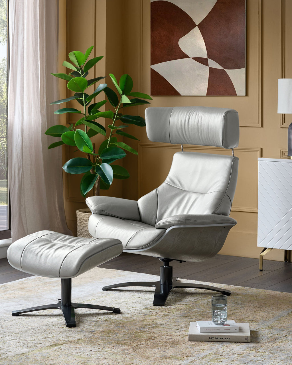Karma natural grey leather swivel recliner accent chair and footstool
