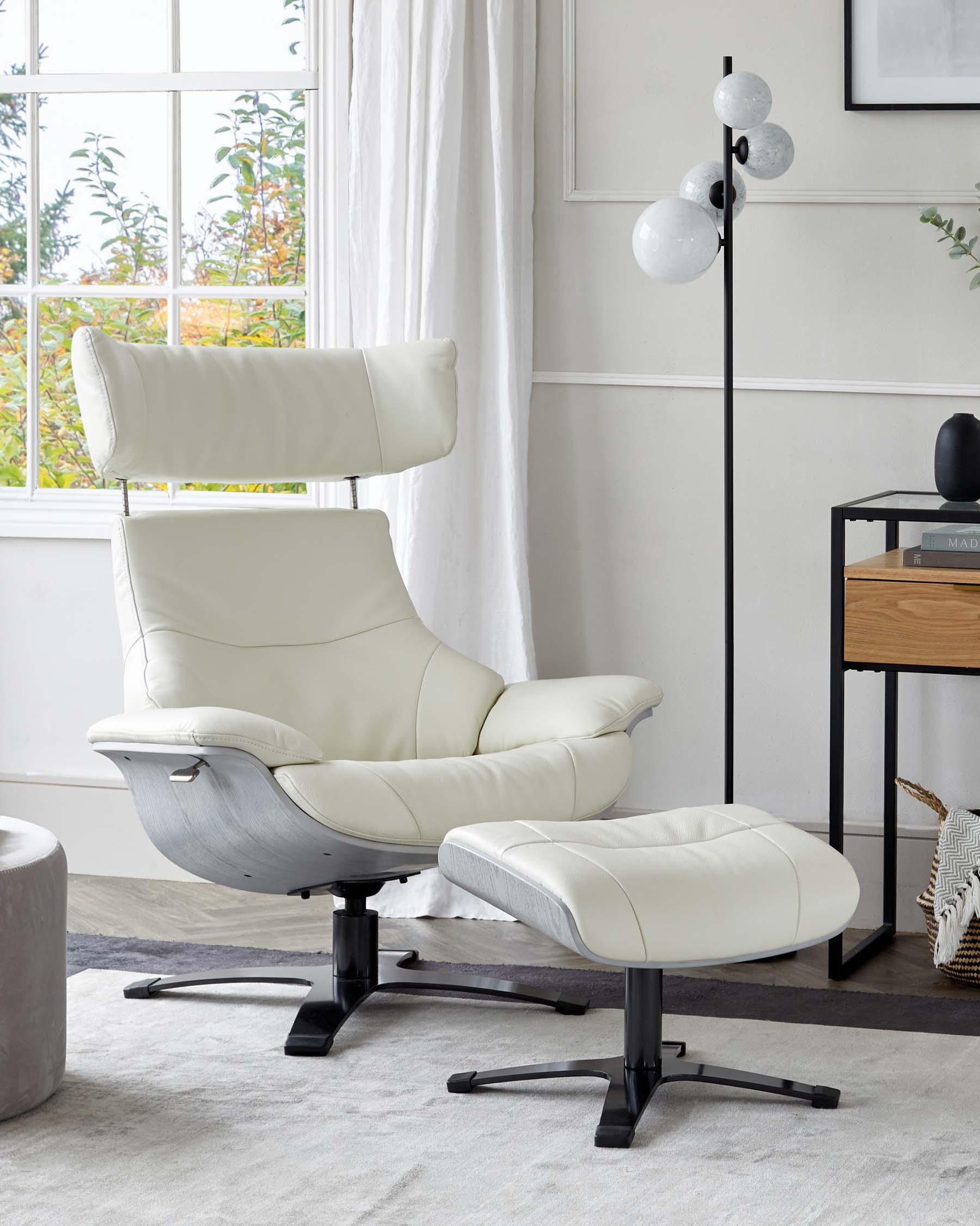 Karma white leather swivel recliner accent chair and footstool