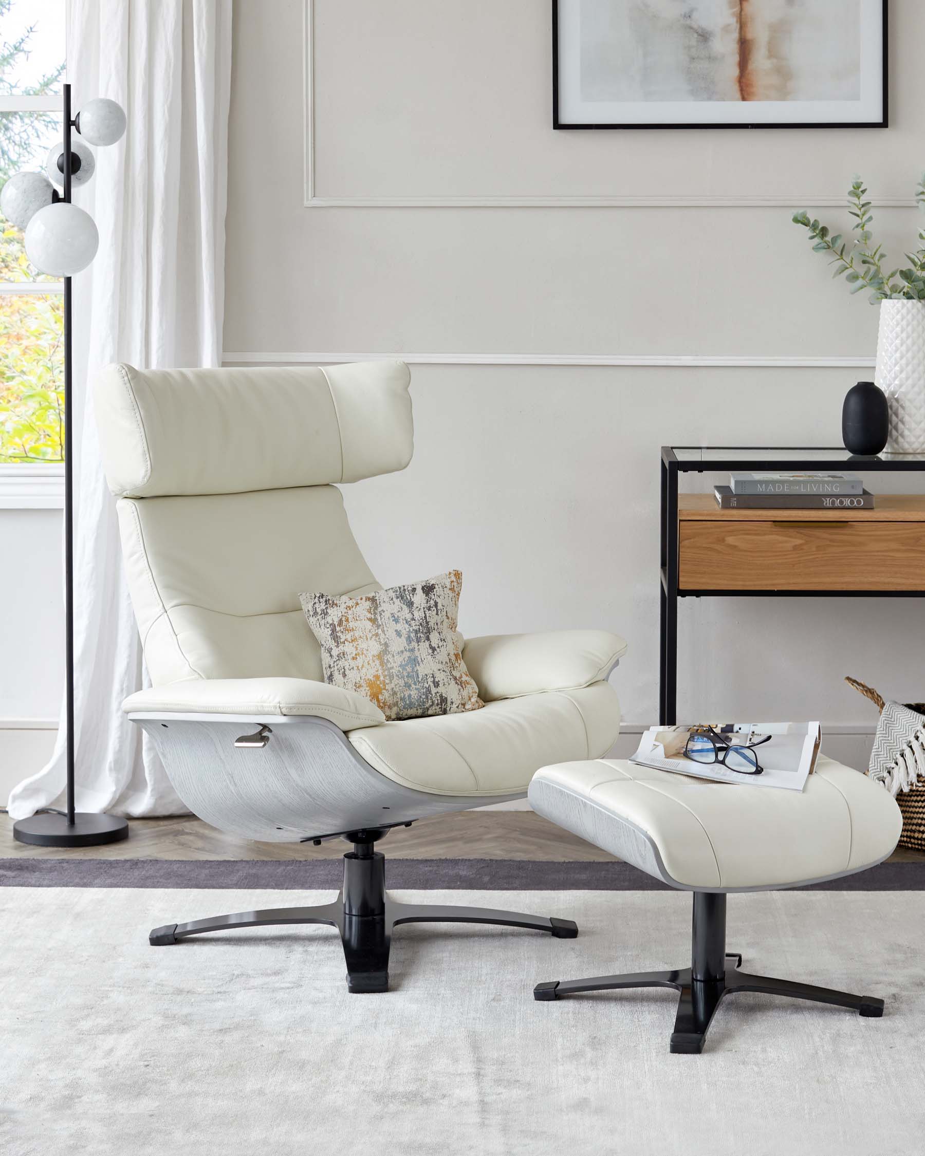 Karma white leather swivel recliner accent chair and footstool
