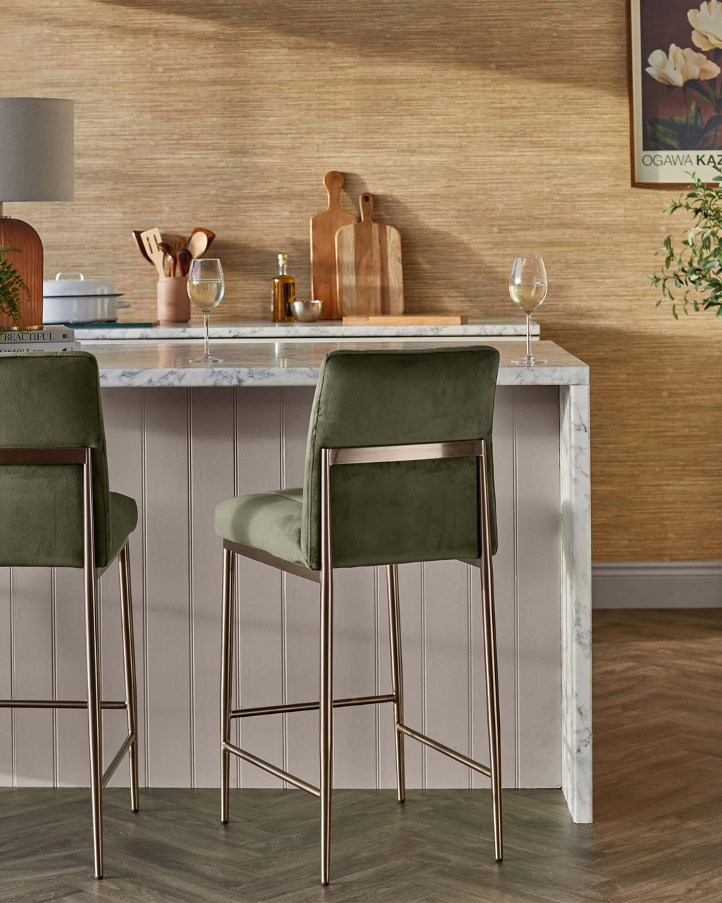 Kendra olive green velvet bar stool