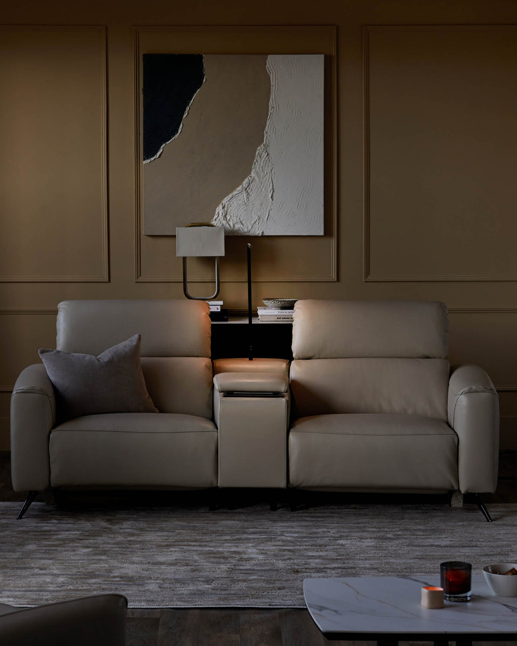 Kenzie Natural Grey Leather Recliner 2 Seater Sofa with console table