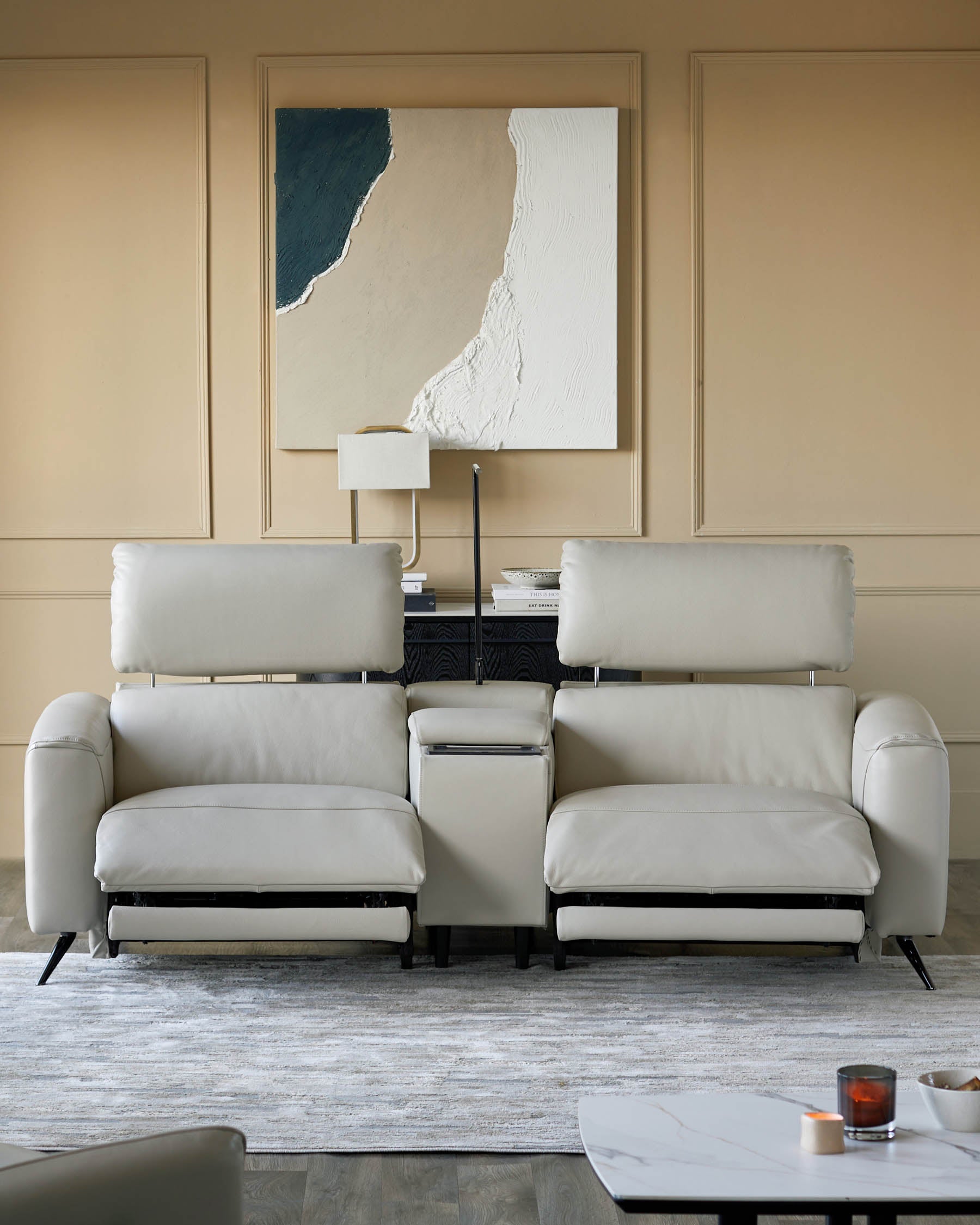 Kenzie Natural Grey Leather Recliner 2 Seater Sofa with console table