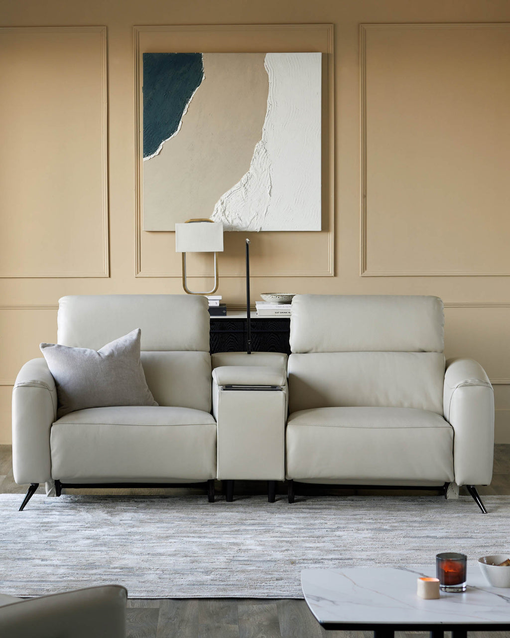 Kenzie Natural Grey Leather Recliner 2 Seater Sofa with console table