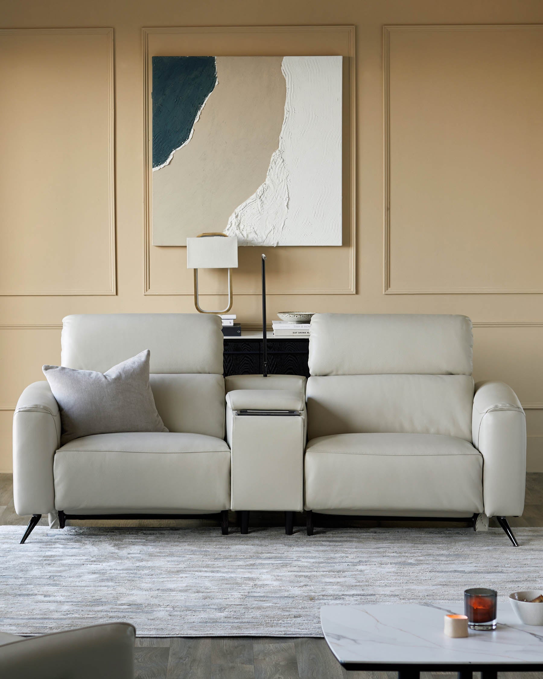 Kenzie Natural Grey Leather Recliner 2 Seater Sofa with console table