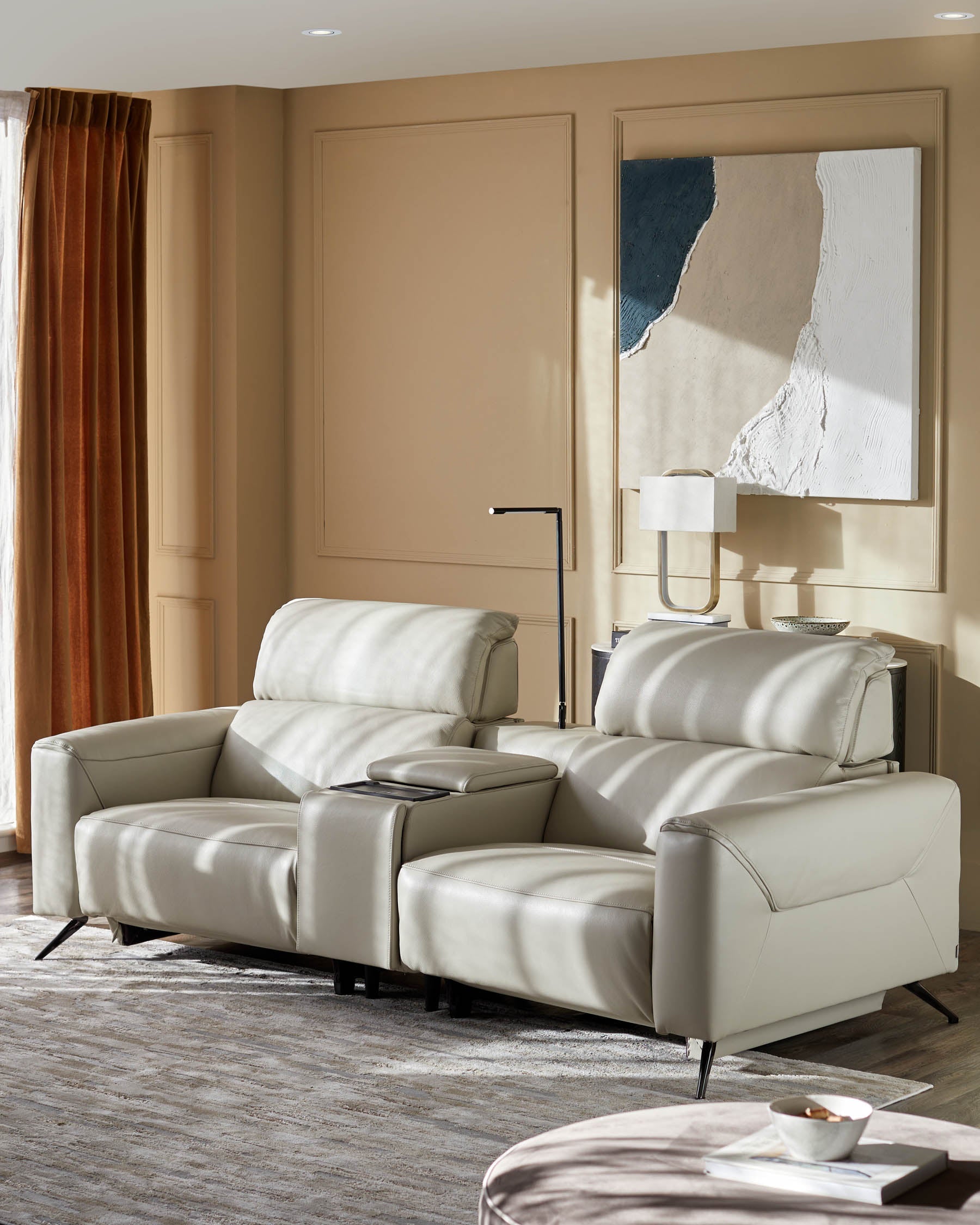 Kenzie Natural Grey Leather Recliner 2 Seater Sofa with console table