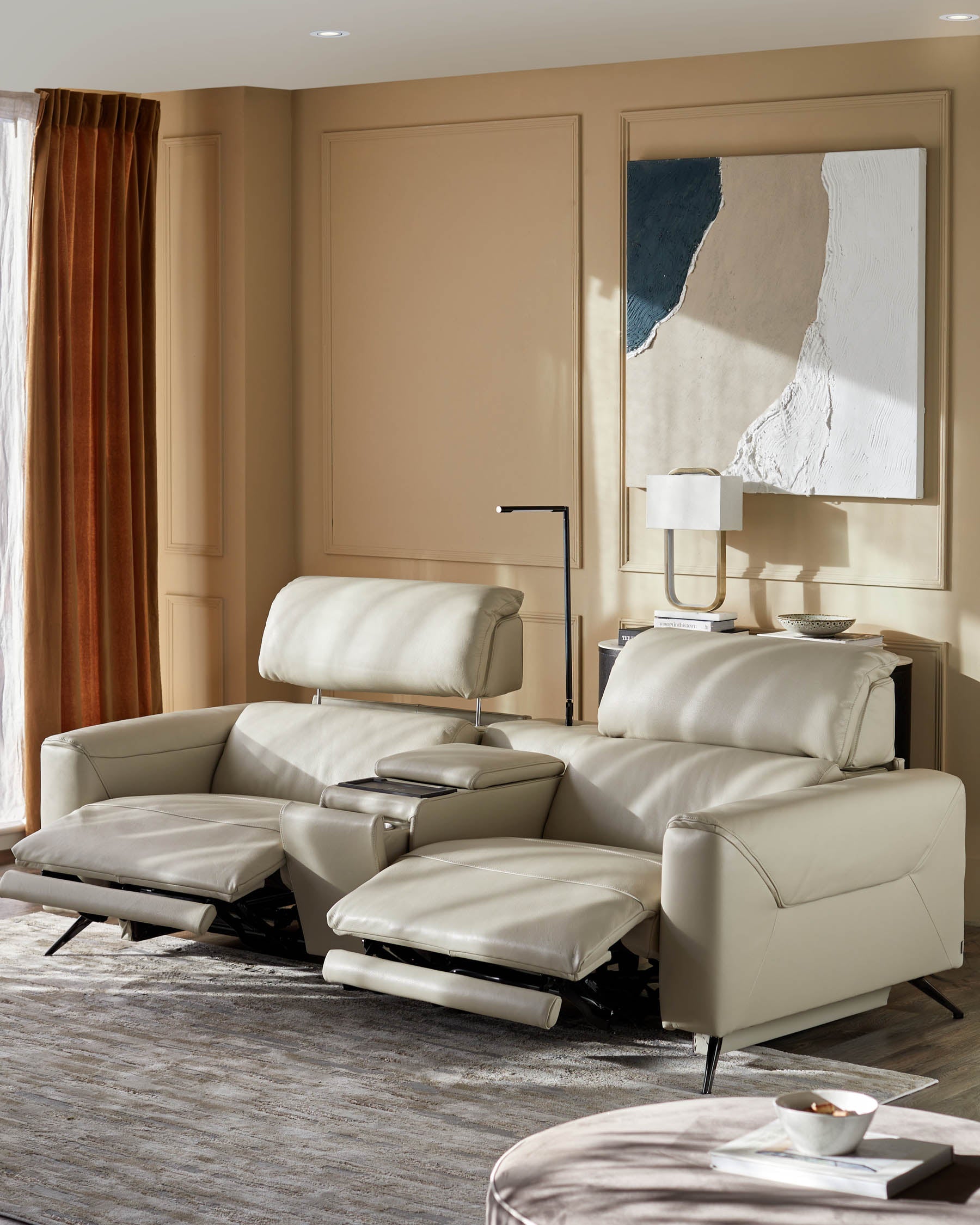 Kenzie Natural Grey Leather Recliner 2 Seater Sofa with console table