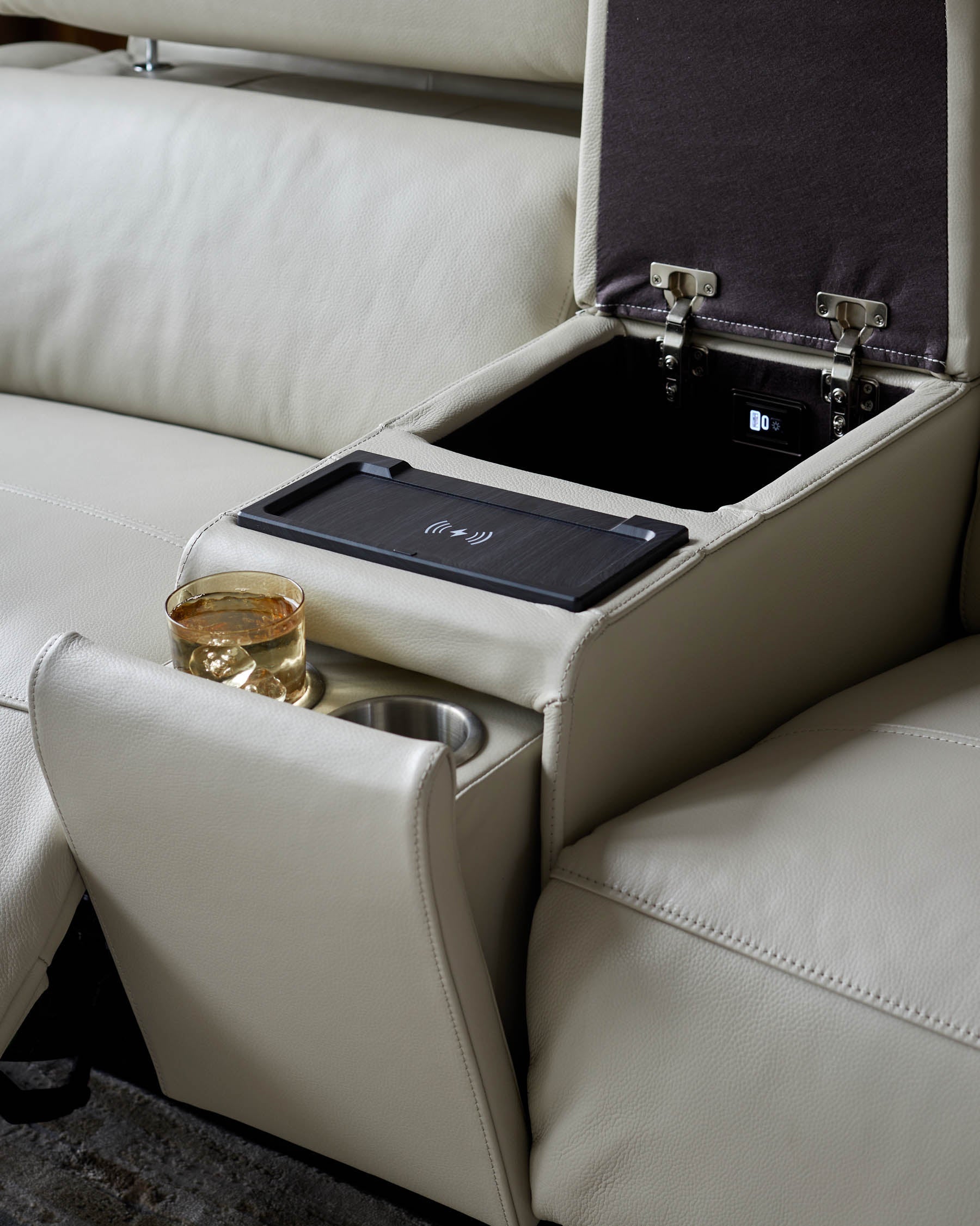 Kenzie Natural Grey Leather Recliner 2 Seater Sofa with console table