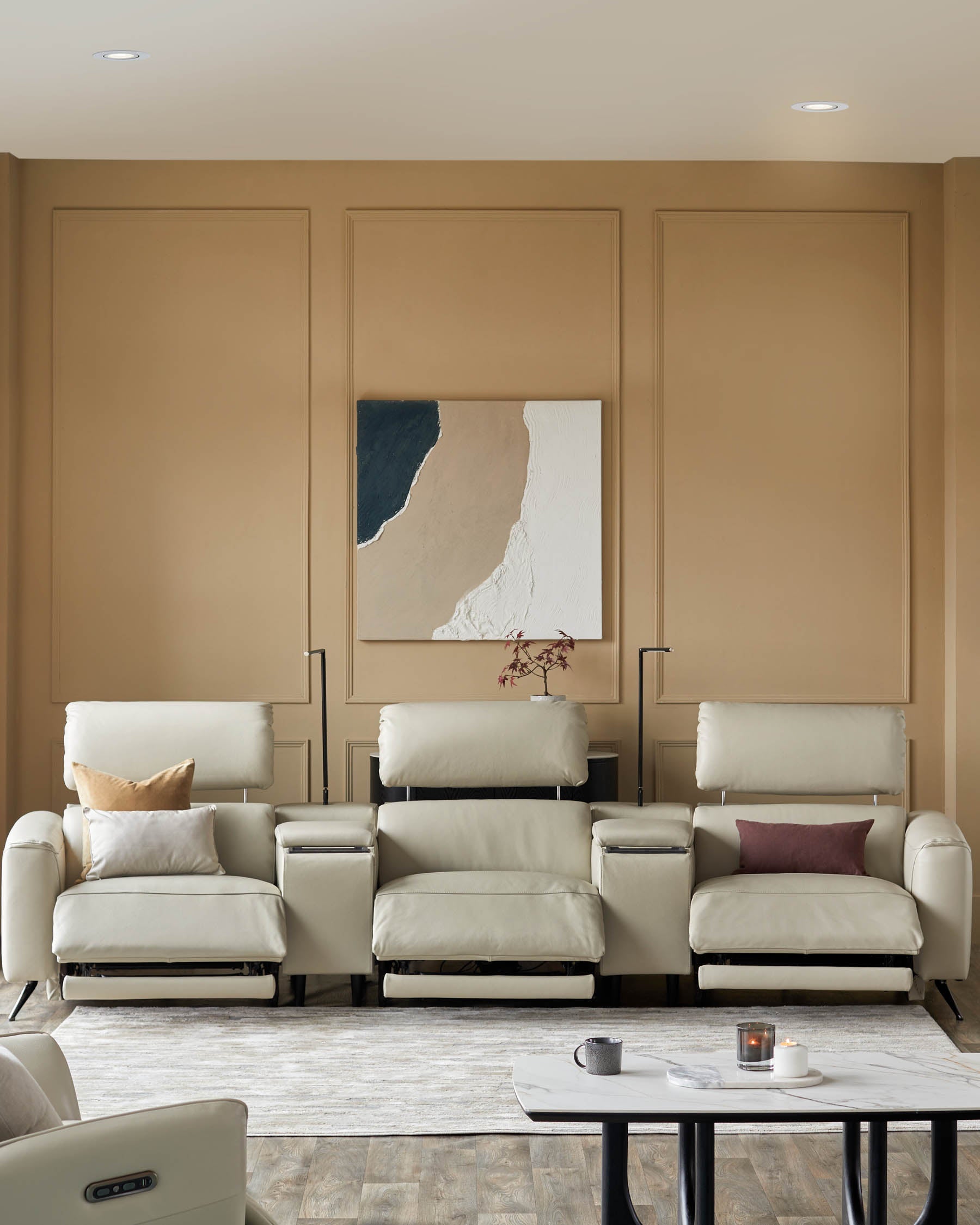 Kenzie Natural Grey Leather Recliner 3 Seater Sofa with Console table