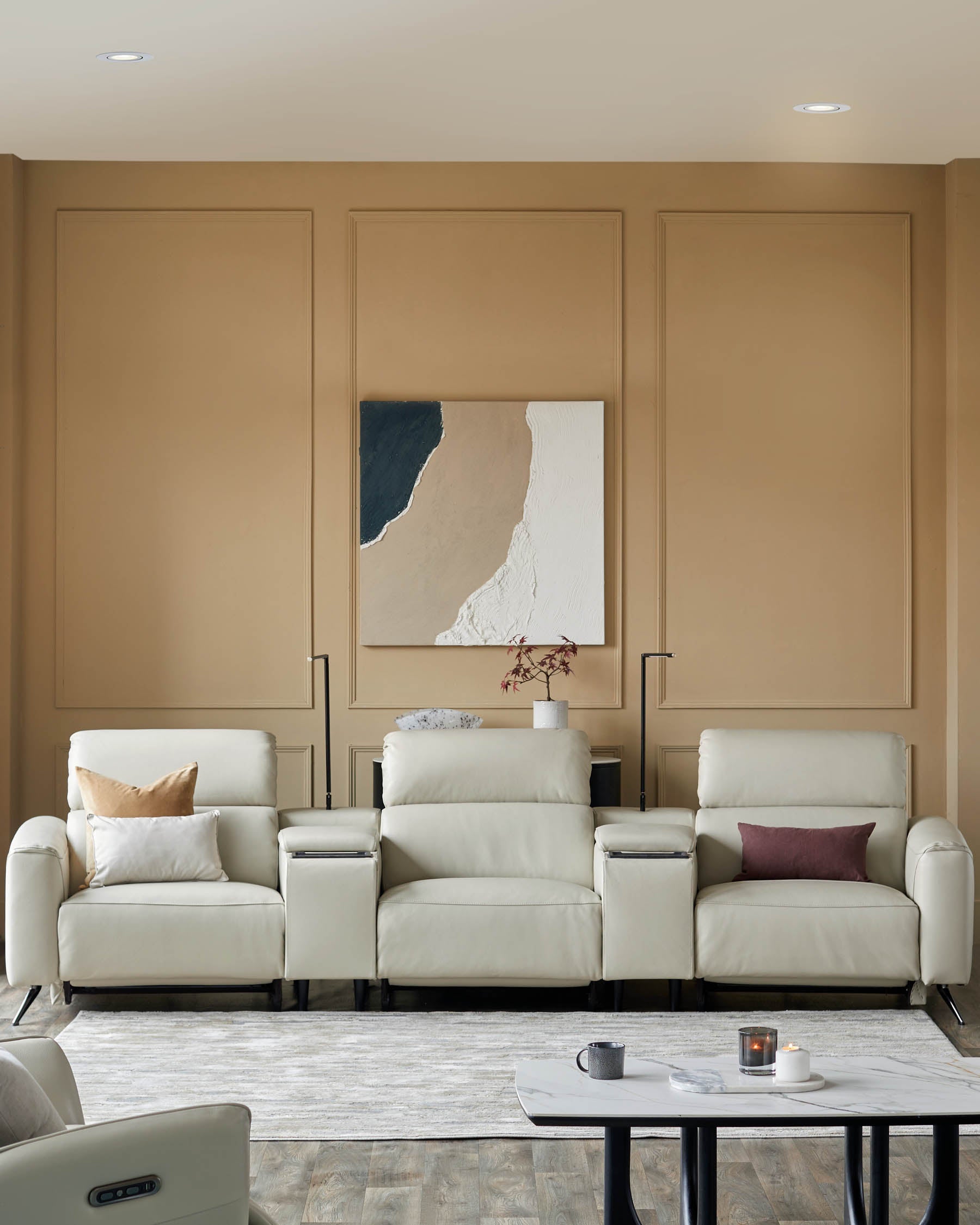 Kenzie Natural Grey Leather Recliner 3 Seater Sofa with Console table