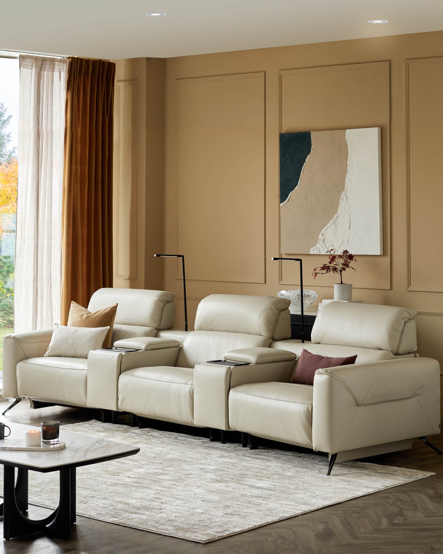 Kenzie Natural Grey Leather Recliner 3 Seater Sofa with Console table