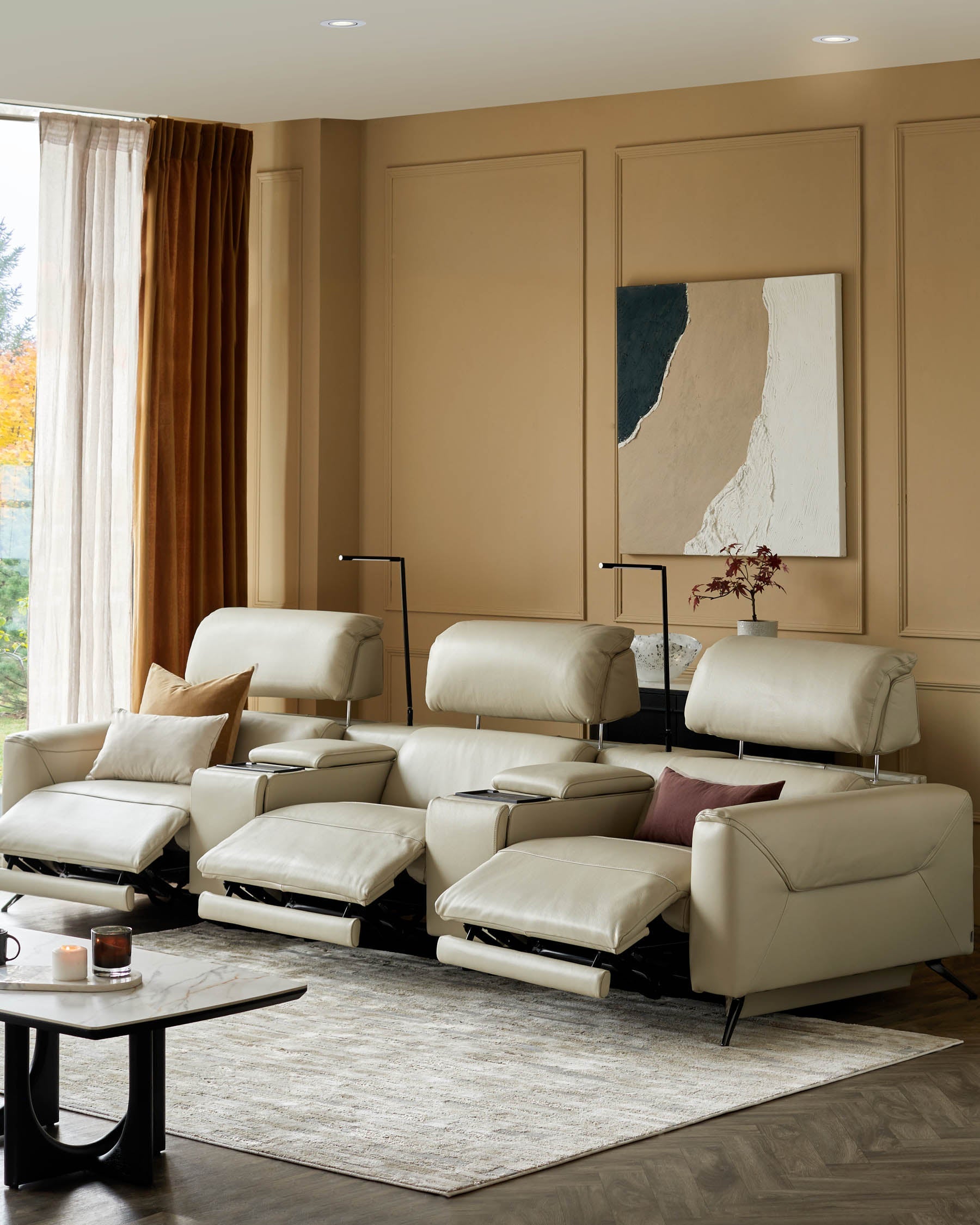 Kenzie Natural Grey Leather Recliner 3 Seater Sofa with Console table