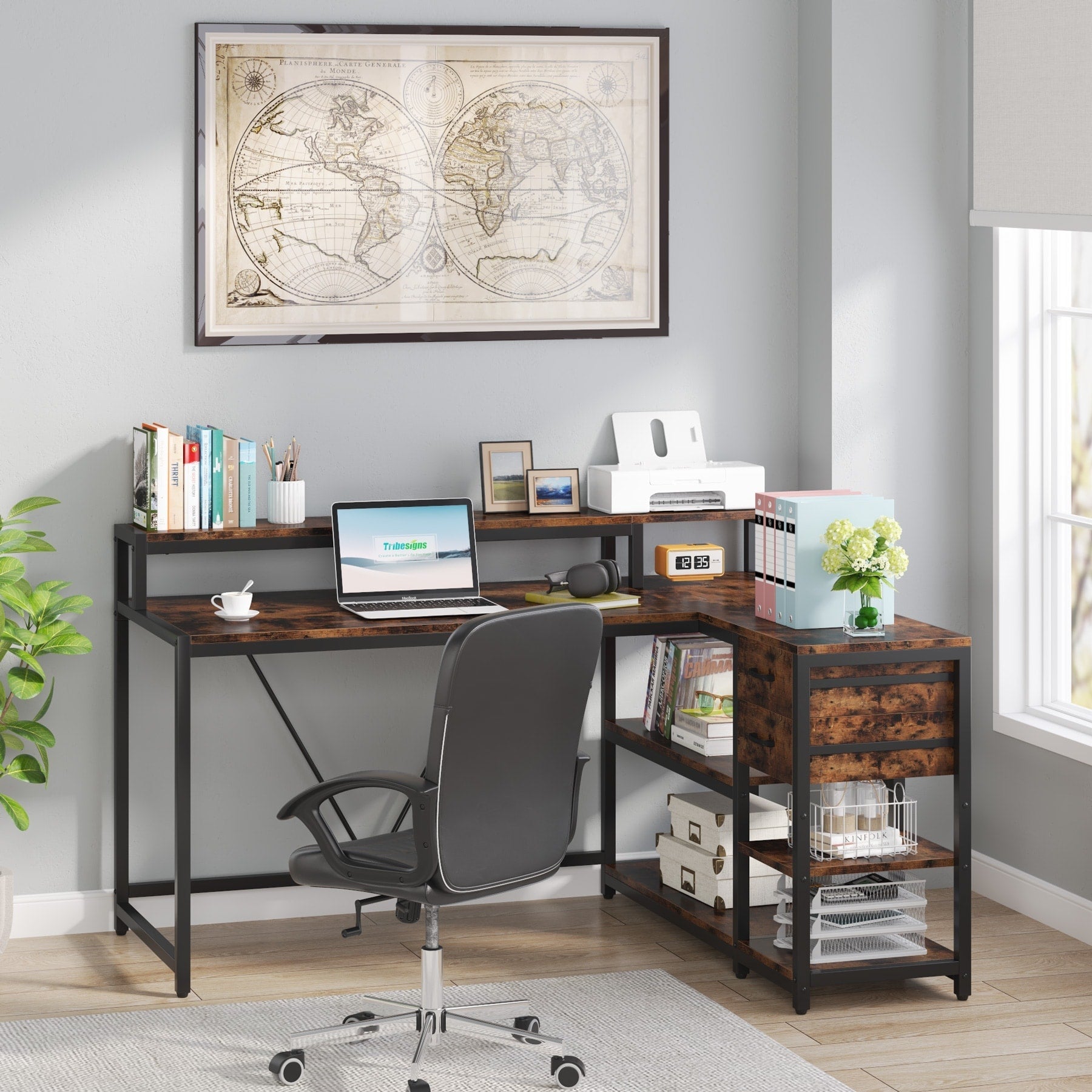 L Shaped Desk with Drawer, Home Office Corner Desk with Storage Shelves and Monitor Stand, Rustic PC Desk for Small Space