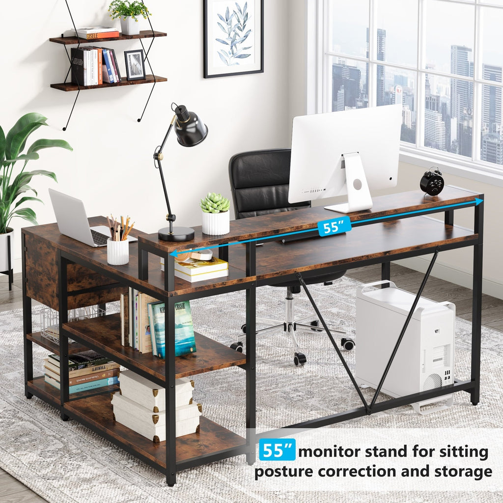 L Shaped Desk with Drawer, Home Office Corner Desk with Storage Shelves and Monitor Stand, Rustic PC Desk for Small Space