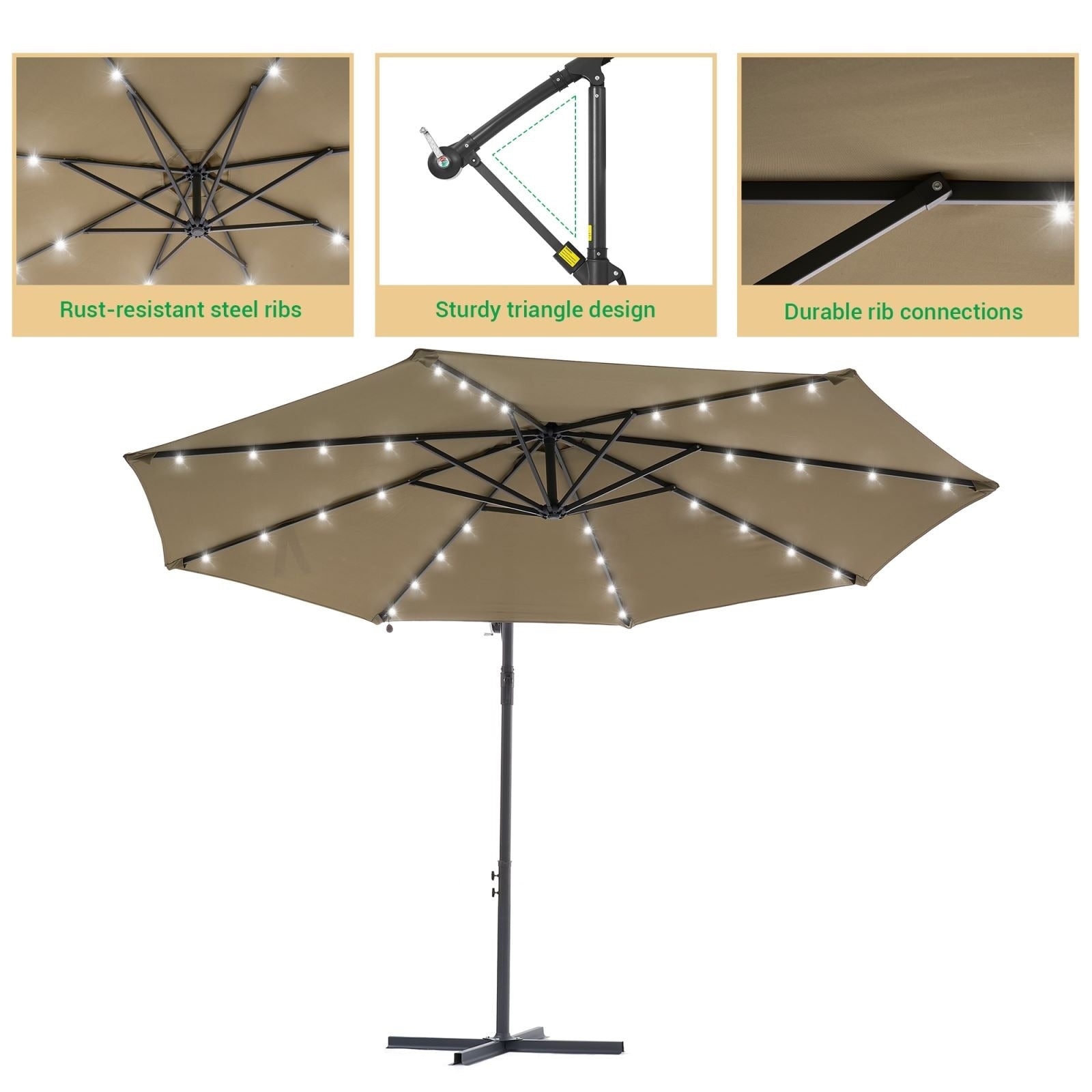 LIVOOSUN 10ft LED Patio Offset Umbrella With Cross Base