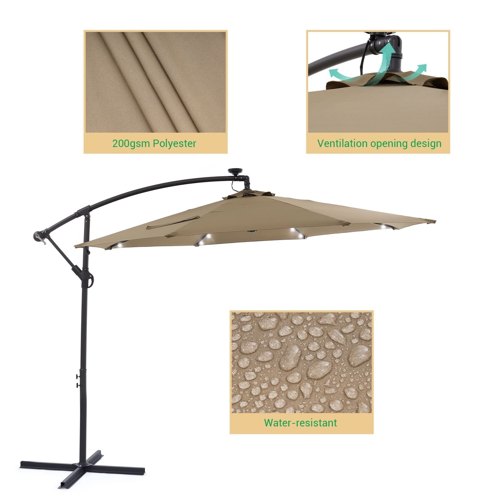 LIVOOSUN 10ft LED Patio Offset Umbrella With Cross Base