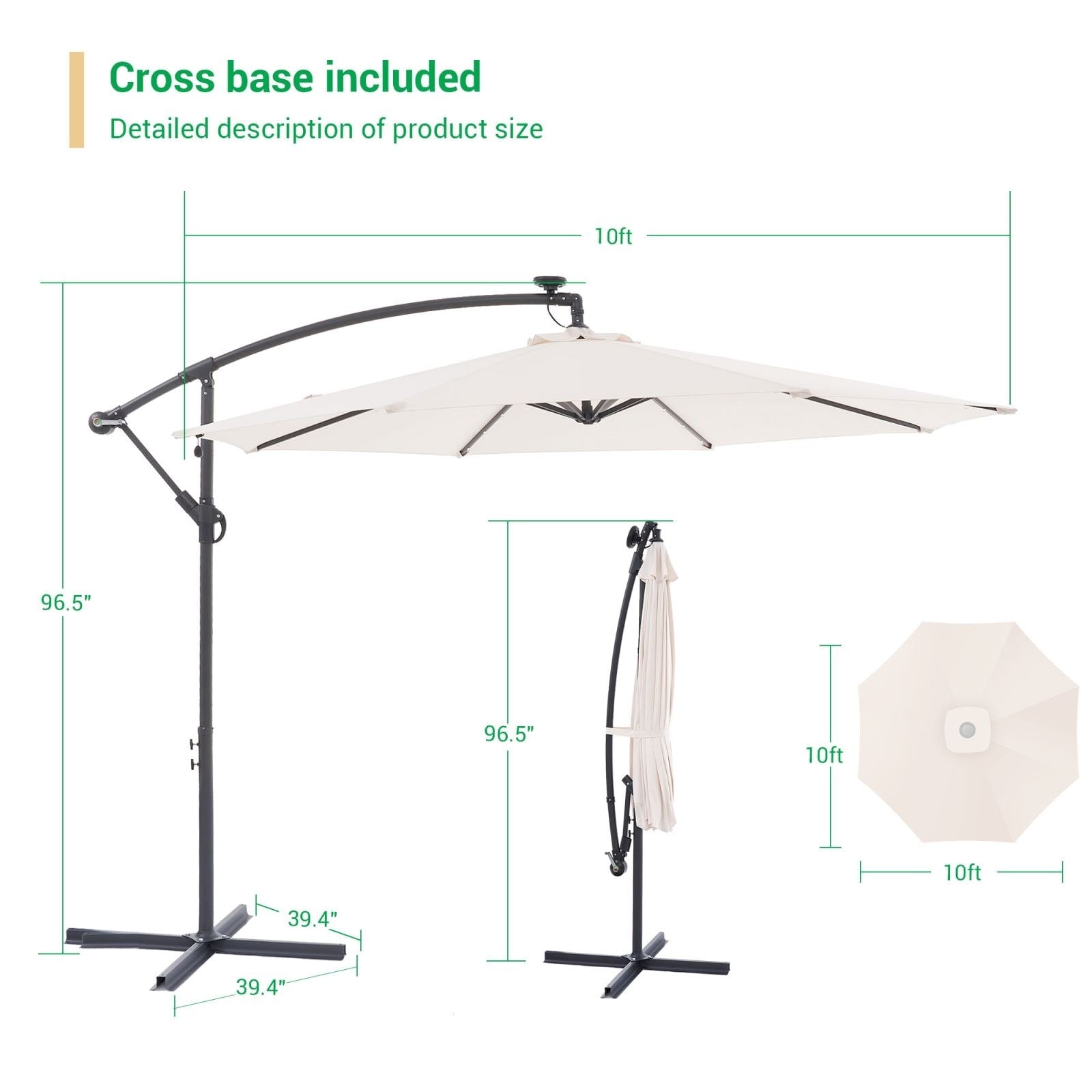 LIVOOSUN 10ft LED Patio Offset Umbrella With Cross Base