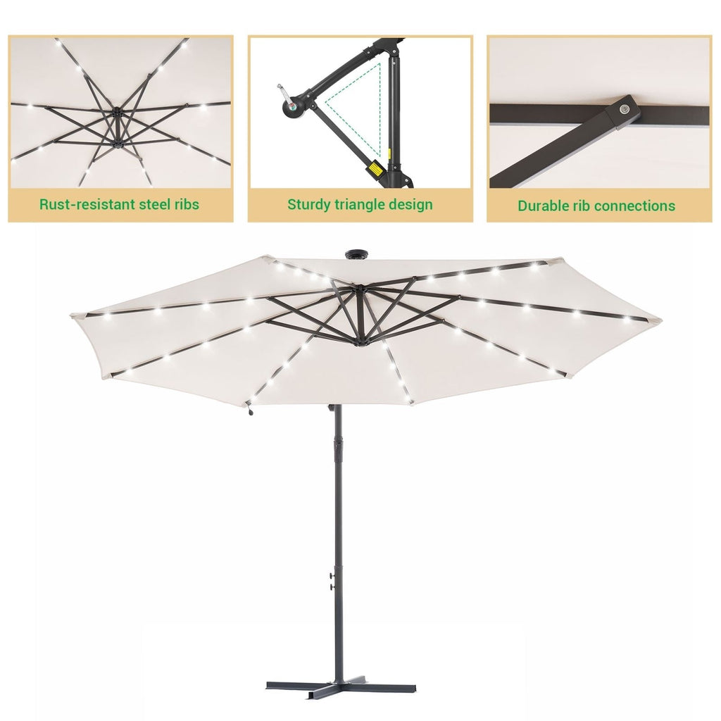 LIVOOSUN 10ft LED Patio Offset Umbrella With Cross Base