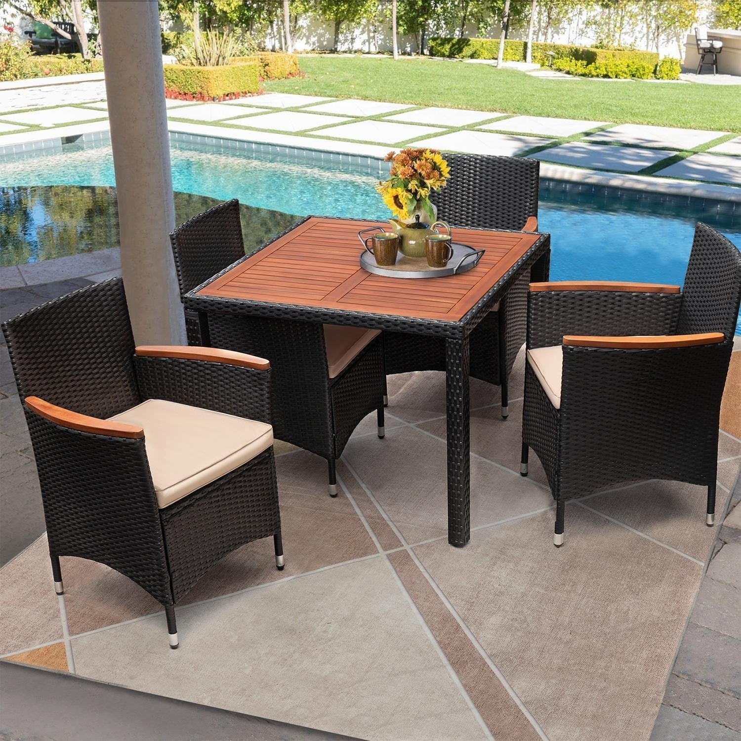 Lacoo PE Wicker/ Acacia Wood Outdoor Patio Dining Set