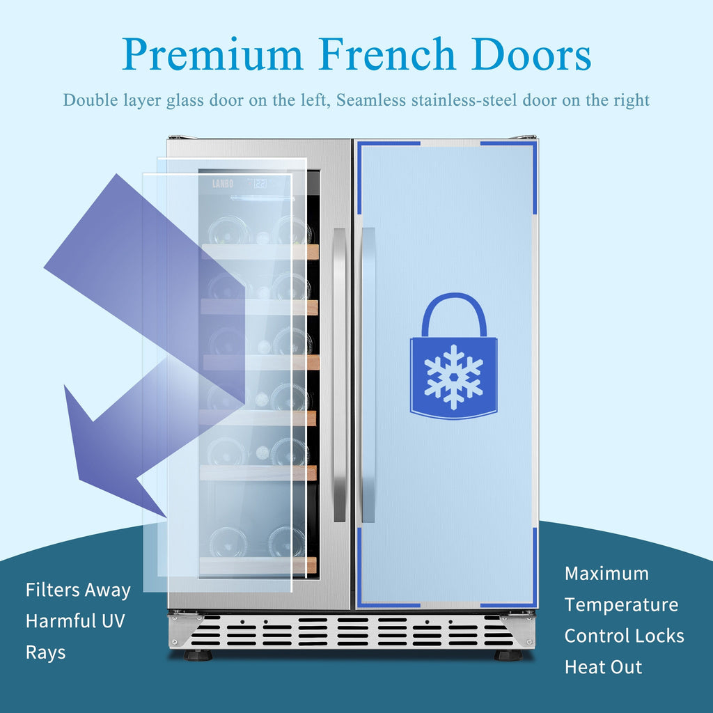 Lanbo 24 Inch Dual Zone 18 Bottle Wine and 55 Can Beverage Cooler, Stainless Steel and Glass with French Door