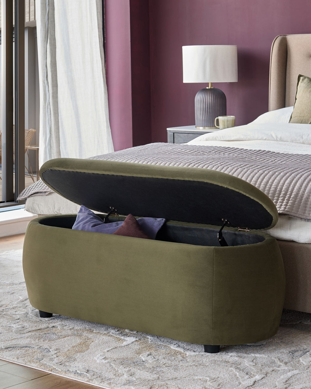 Lani olive green velvet storage ottoman bench